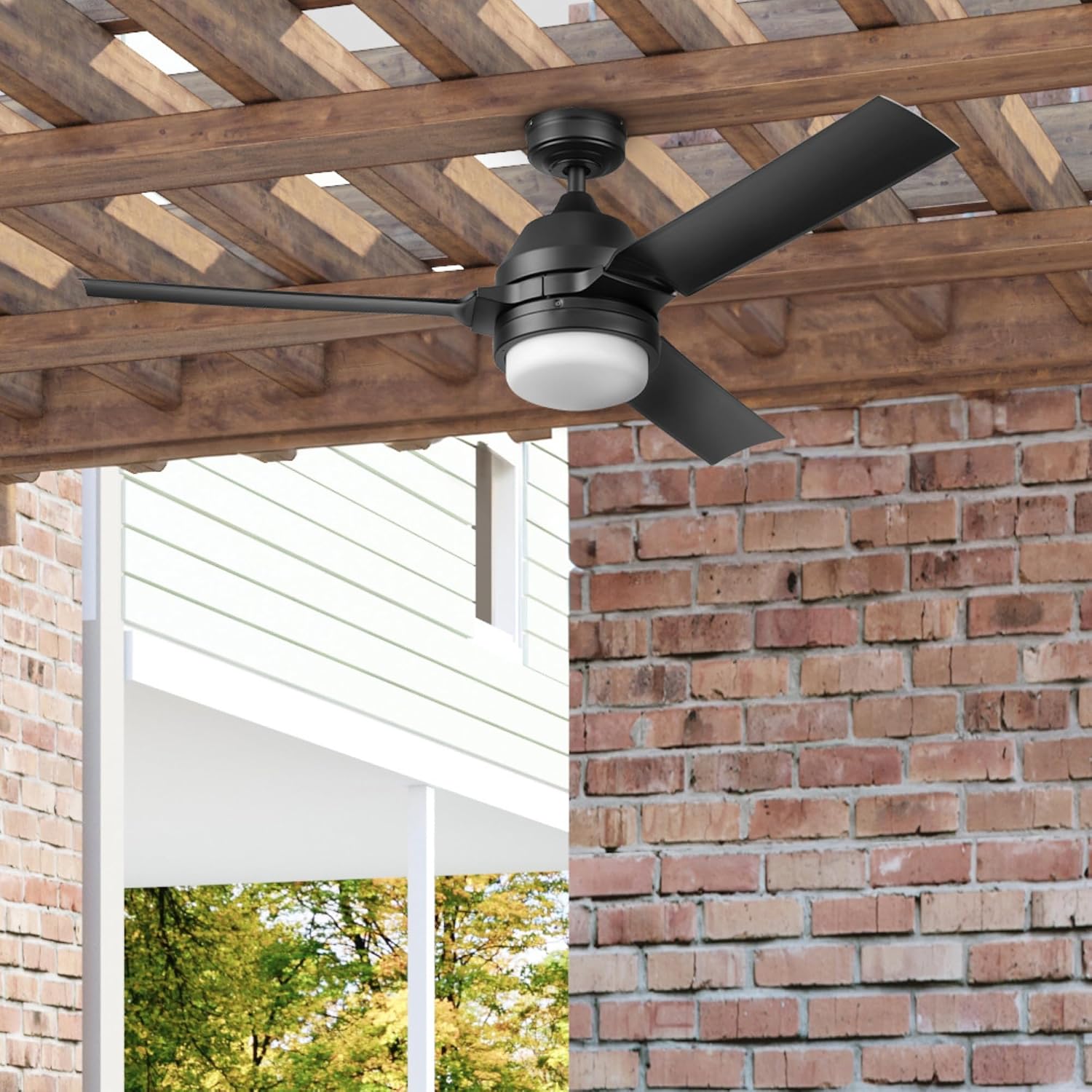 Honeywell Ceiling Fans Port Isle Modern 54 Inch Outdoor Ceiling Fan with Light, LED Fan with Remote Control, 3 Contemporary Matte Black Weather Resistant Blades, Black (51986-01)
