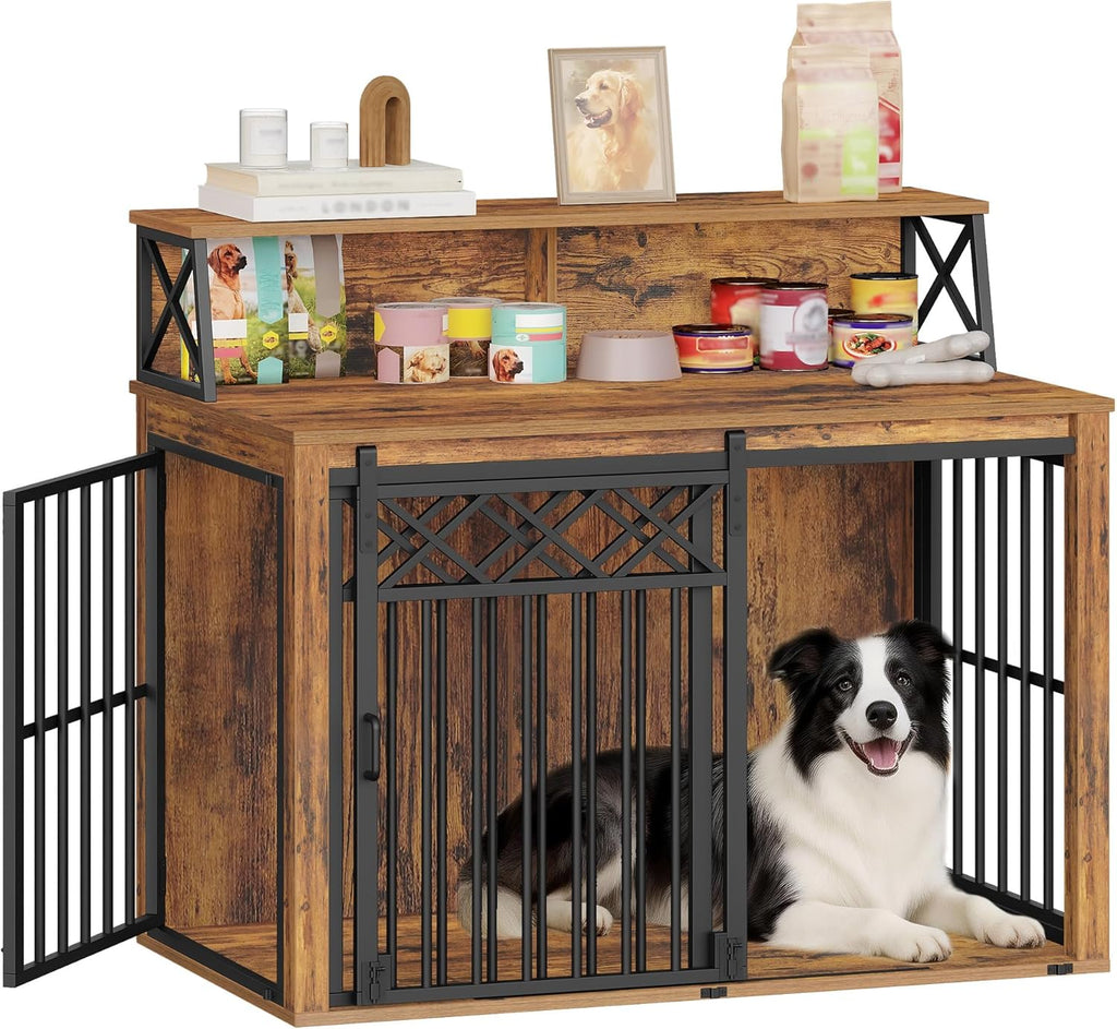 Hzuaneri 39.4'' Dog Crate Furniture, Large Wooden Dog Crate with Storage and 3 Doors, Indoor Kennel for Medium/Large Dogs, End Table with Barn Door, Chew-Proof and Escape-Proof, Rustic Brown DFC87401B