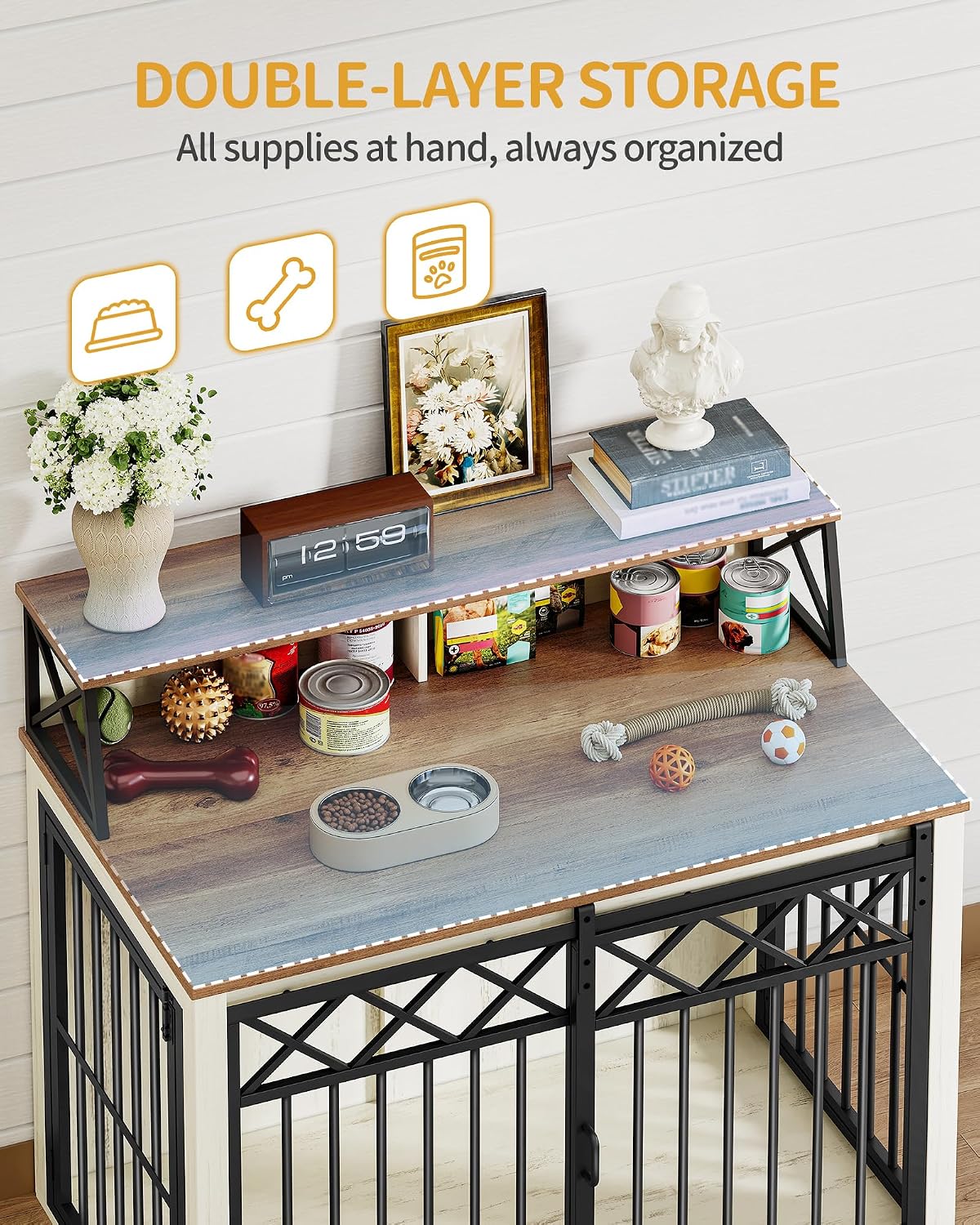 Hzuaneri 39.4'' Dog Crate Furniture, Large Wooden Dog Crate with Storage and 3 Doors, Indoor Kennel for Medium/Large Dogs, End Table with Barn Door, Chew-Proof and Escape-Proof, White Brown DFC87414B