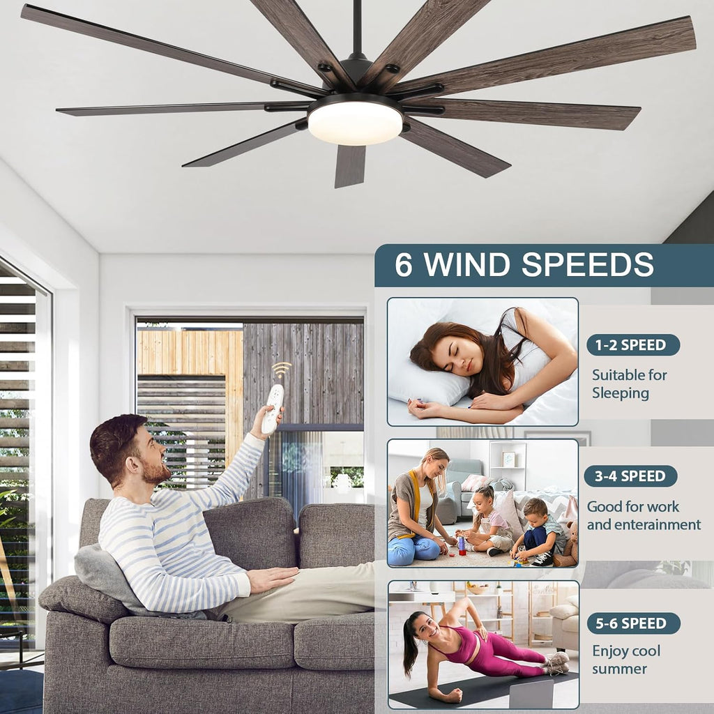 72 Inch Large Outdoor Ceiling Fan, Black Ceiling Fans with Lights and Remote, 9 Fan Blades, Dimmable, Reversible, 6-Speeds, 3-Colors Temperature, for Living Room/Office/Patio