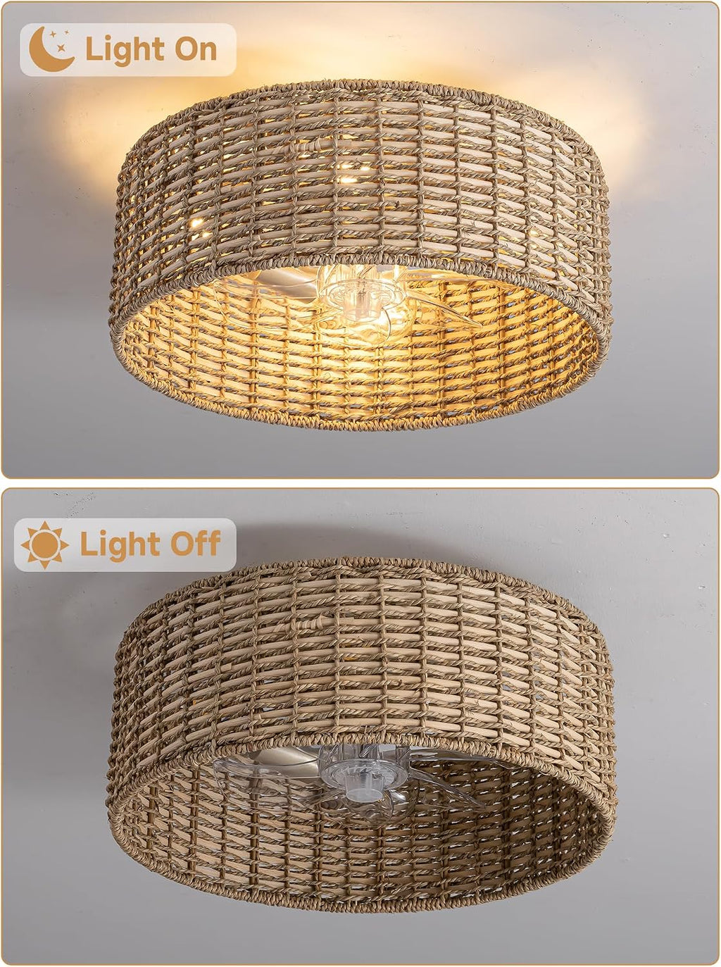 Handwoven Boho Rattan Ceiling Fan with Light,Flush Mount Caged Ceiling Fans with Lights and Remote Control,Low Profile Enclosed 6 Speeds Fandelier for Bedroom Living Dining Room,4-Light