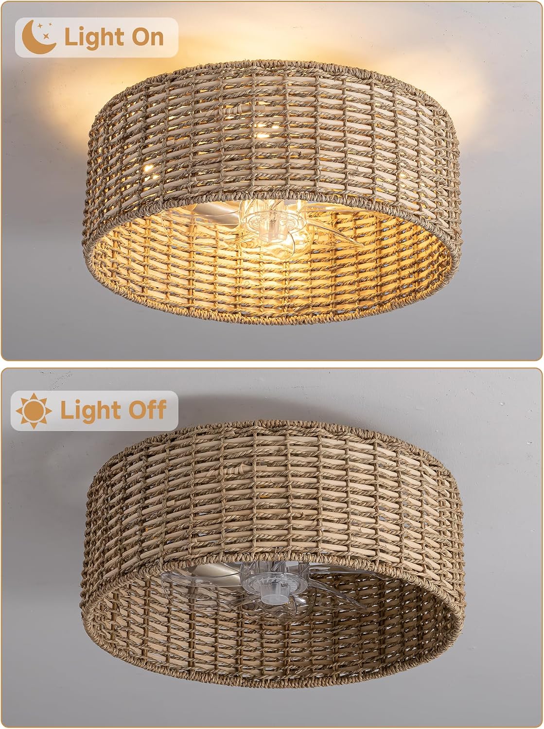 Handwoven Boho Rattan Ceiling Fan with Light,Flush Mount Caged Ceiling Fans with Lights and Remote Control,Low Profile Enclosed 6 Speeds Fandelier for Bedroom Living Dining Room,4-Light