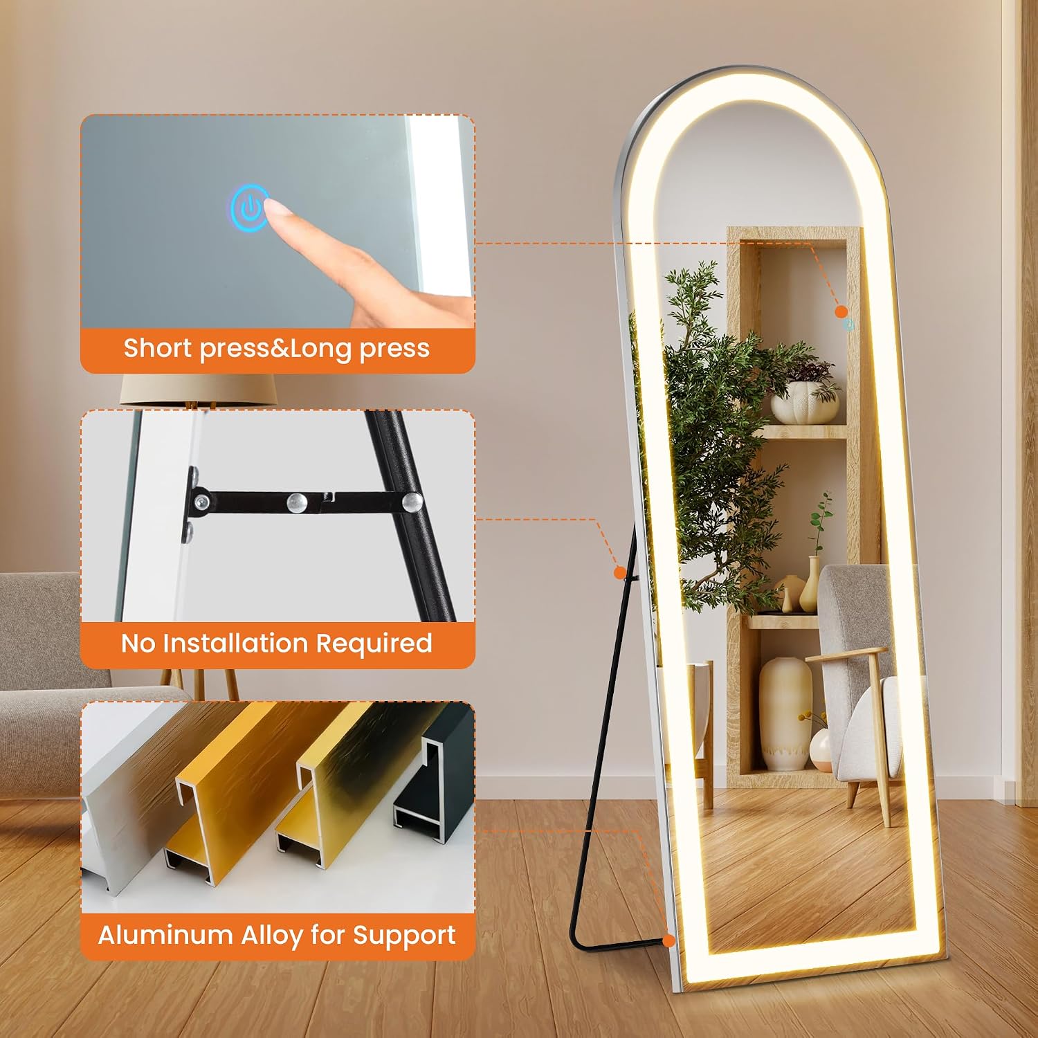 Elevon Full Length Mirror with LED Lights, 63'x20' Floor Mirror with Dimming & 3 Color Lighting, Led Mirrors Full Length with Stand for Bedroom, Dressing Room, Arched