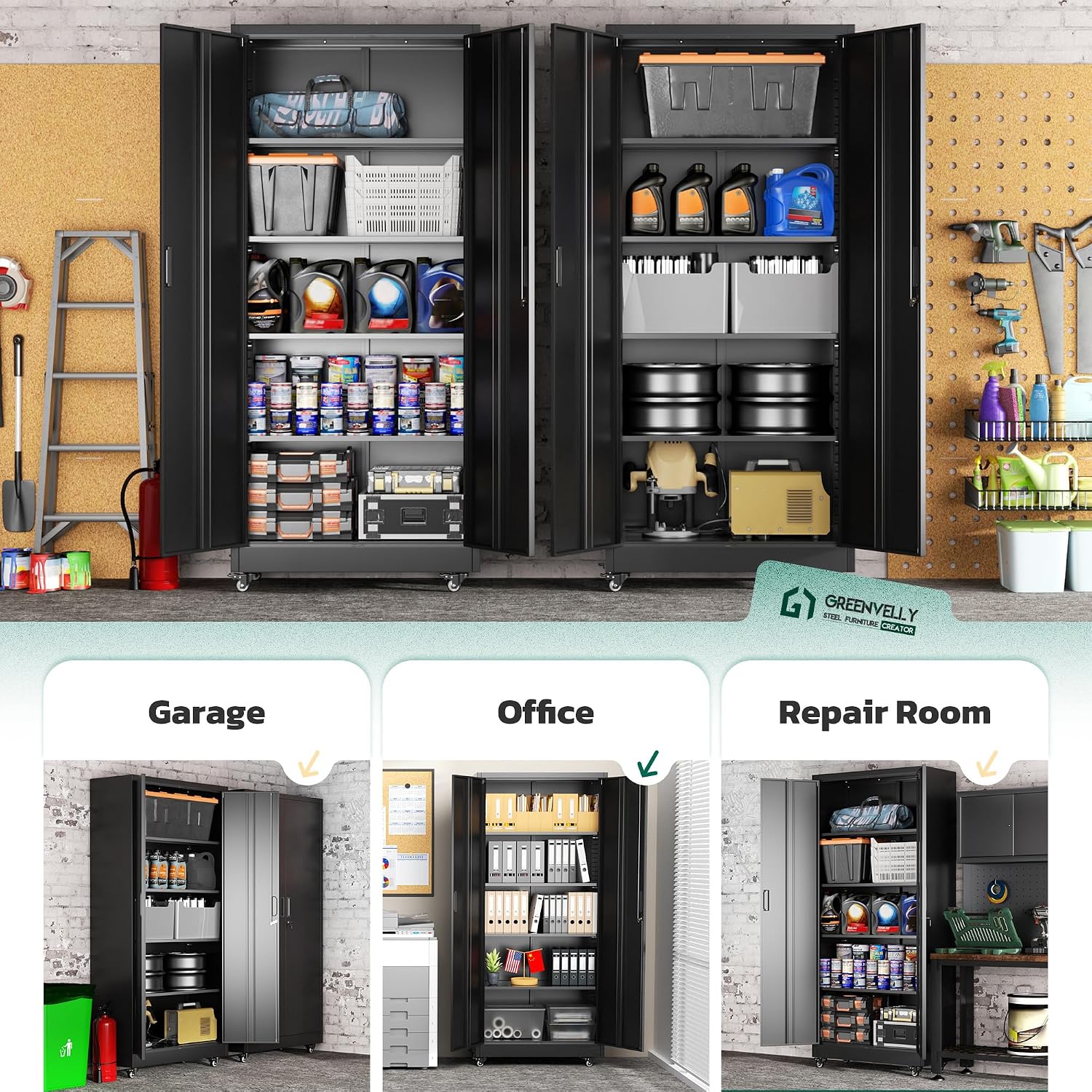Greenvelly 73' Storage Cabinet with Wheels,Metal Rolling Garage Cabinet with Locking Doors and 4 Adjustable Shelves for Home,Kitchen,Office,Warehouse(32' W x 16' D)