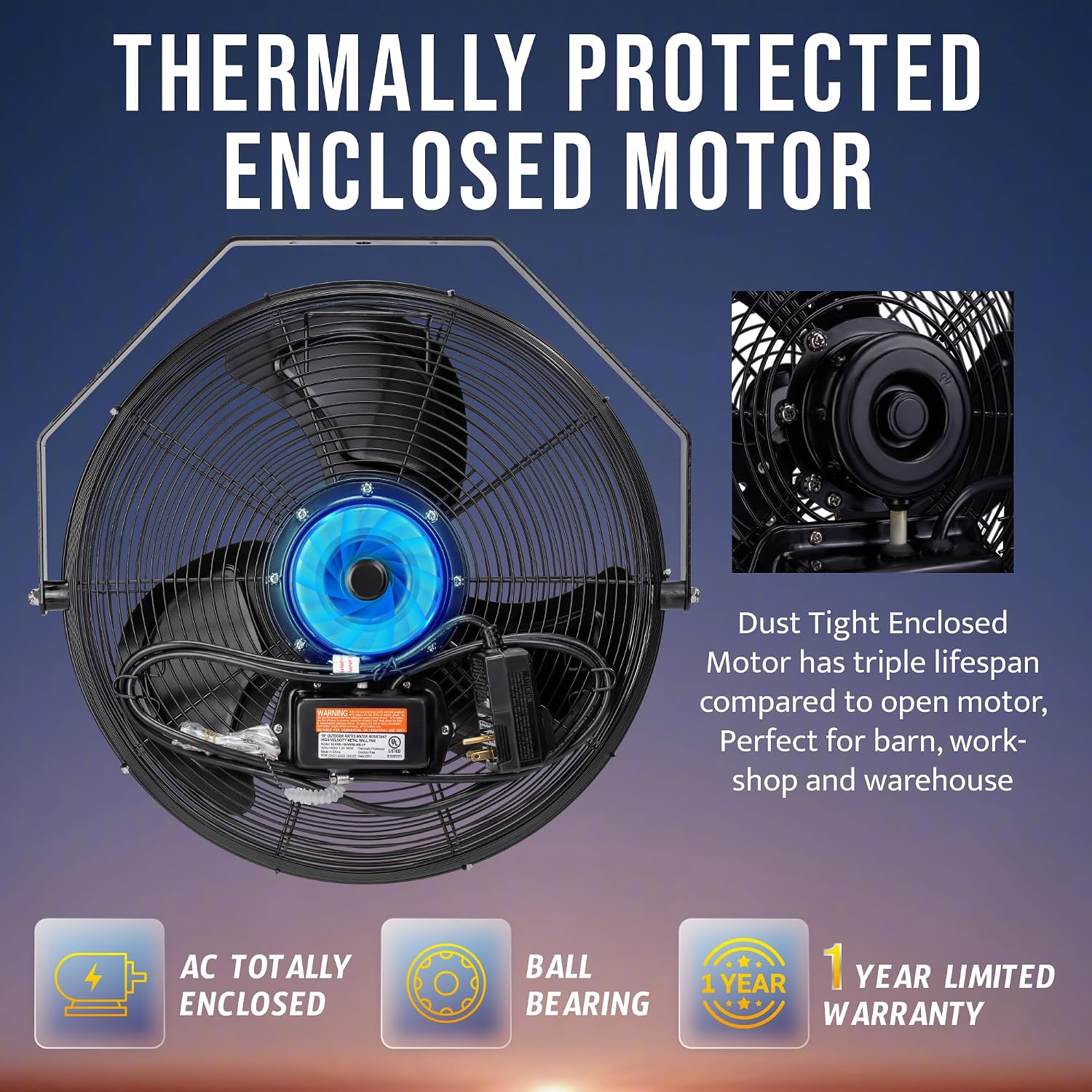Tornado 18' Outdoor IPX4 Rated Water-Resistant Metal Industrial Wall Mount Fan, 3 Speed High Velocity Wall Fan For Commercial, Industrial, Residential Use, 4150 CFM 6.6 FT Cord 180°Tilting, Black