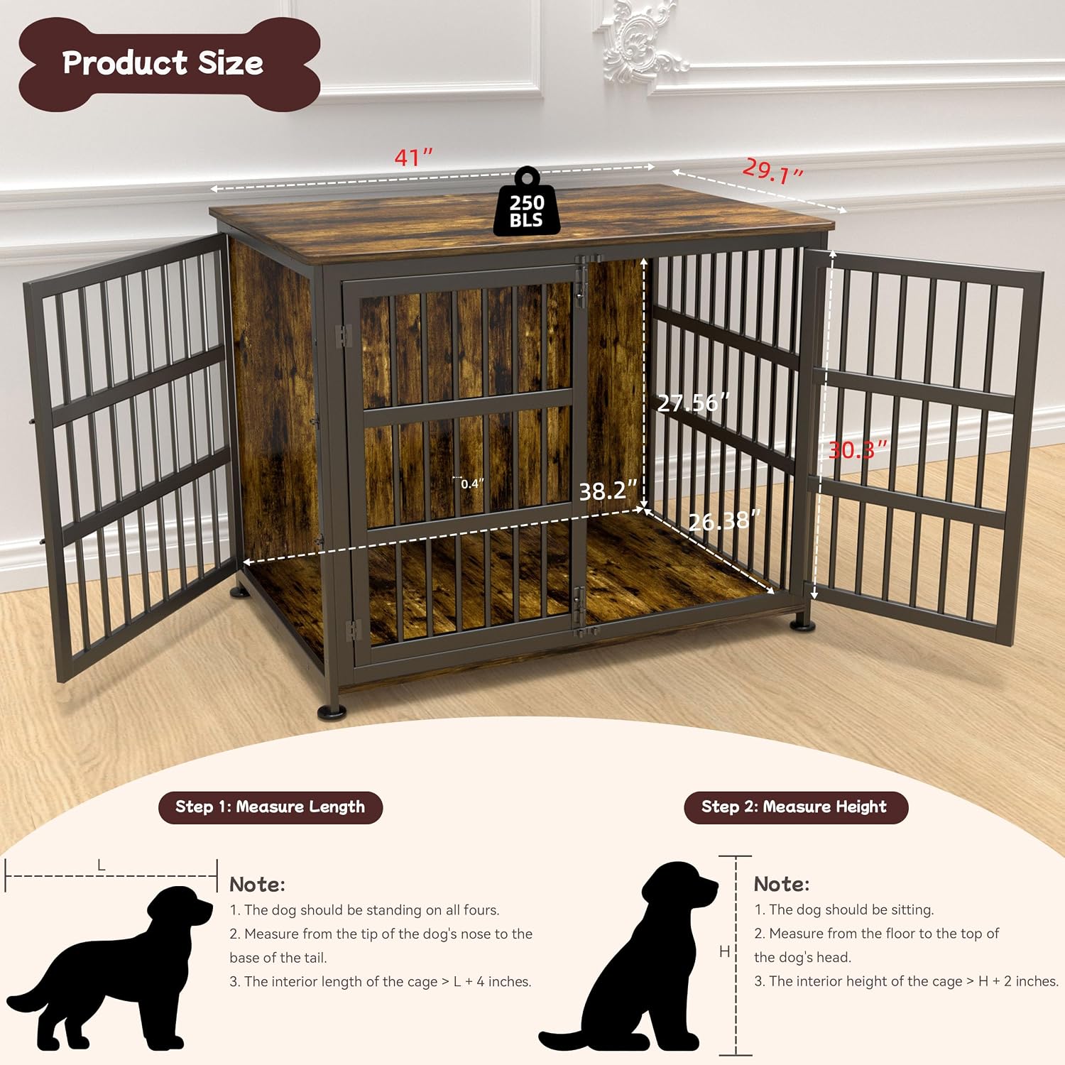 41'' Dog Crate Furniture Large Breed Dog Crate Dog Kennels for Inside Wooden Dog Crates End Table Heavy Duty Indoor Combination Cage for Medium to Large Dogs Walnut