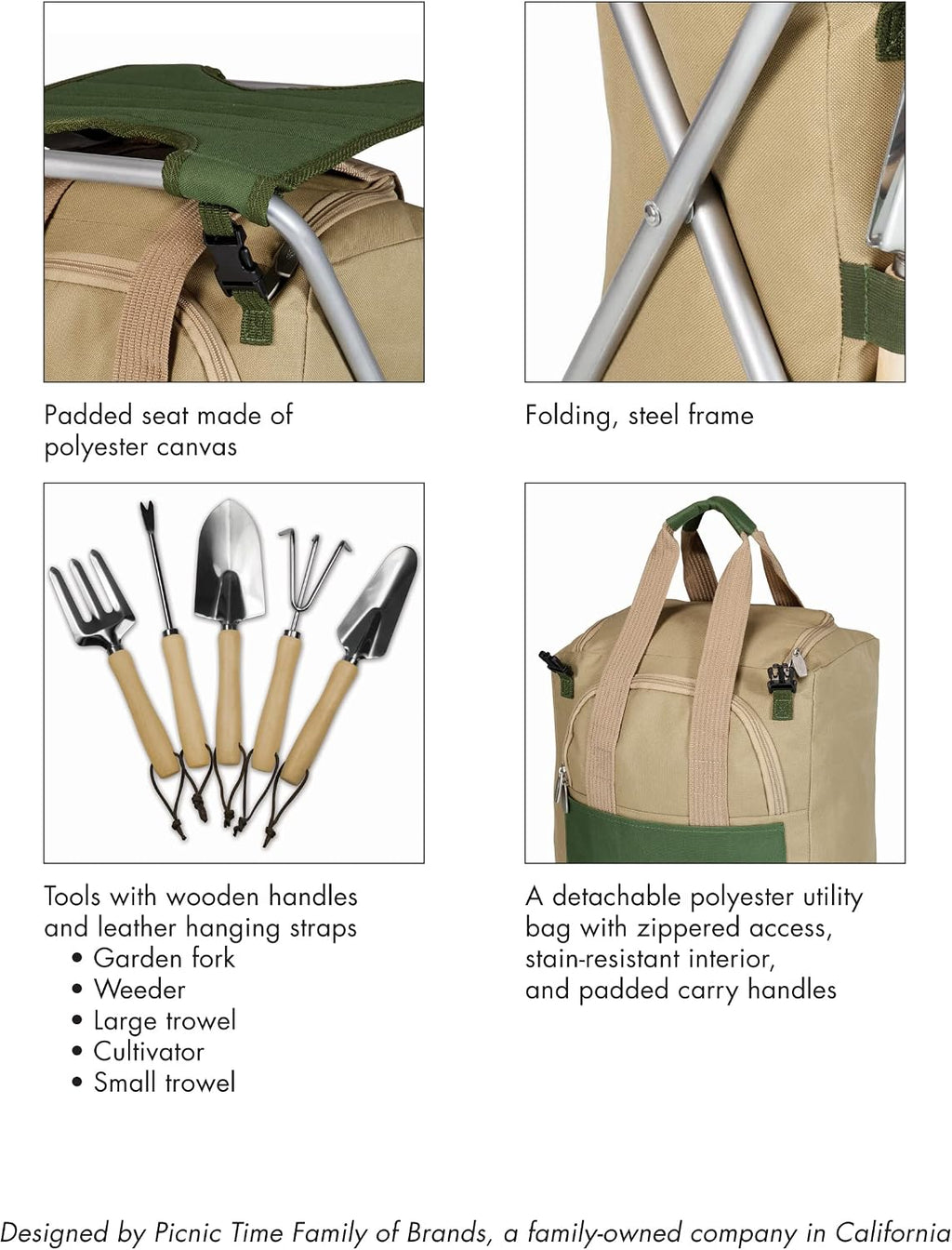 Picnic TIME Star Wars The Mandalorian Grogu Gardener Folding Seat with Tools, 5 Piece Garden Tool Set with Folding Stool and Detachable Tote Organizer, (Olive Green with Beige Accents)