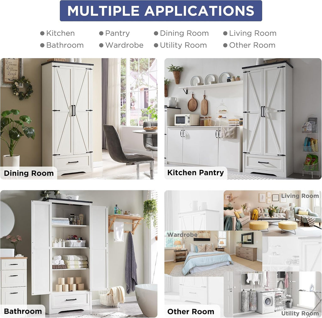 JXQTLINGMU Farmhouse Kitchen Pantry Cabinet - 72' Tall Wood Kitchen Storage Cabinets with Adjustable Shelves & 2 Barn Style Doors & Drawer, Versatile Storage for Dining Room, Bathroom, Antique White