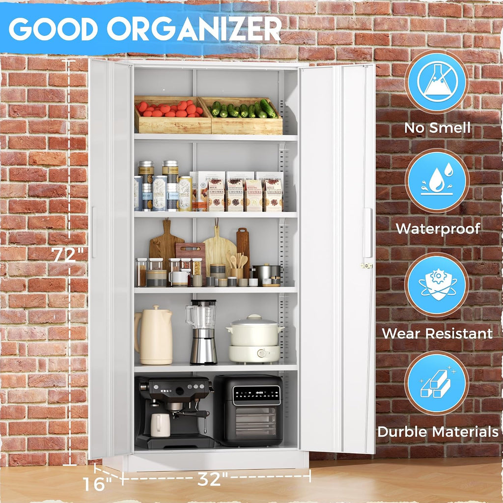 Greenvelly White Metal Storage Cabinet, 72' Steel Locking Cabinet with Doors and 4 Adjustable Shelves, Tall Tool Cabinets Lockable File Cabinet for Home Office, Metal Classroom Cabinet for Garage