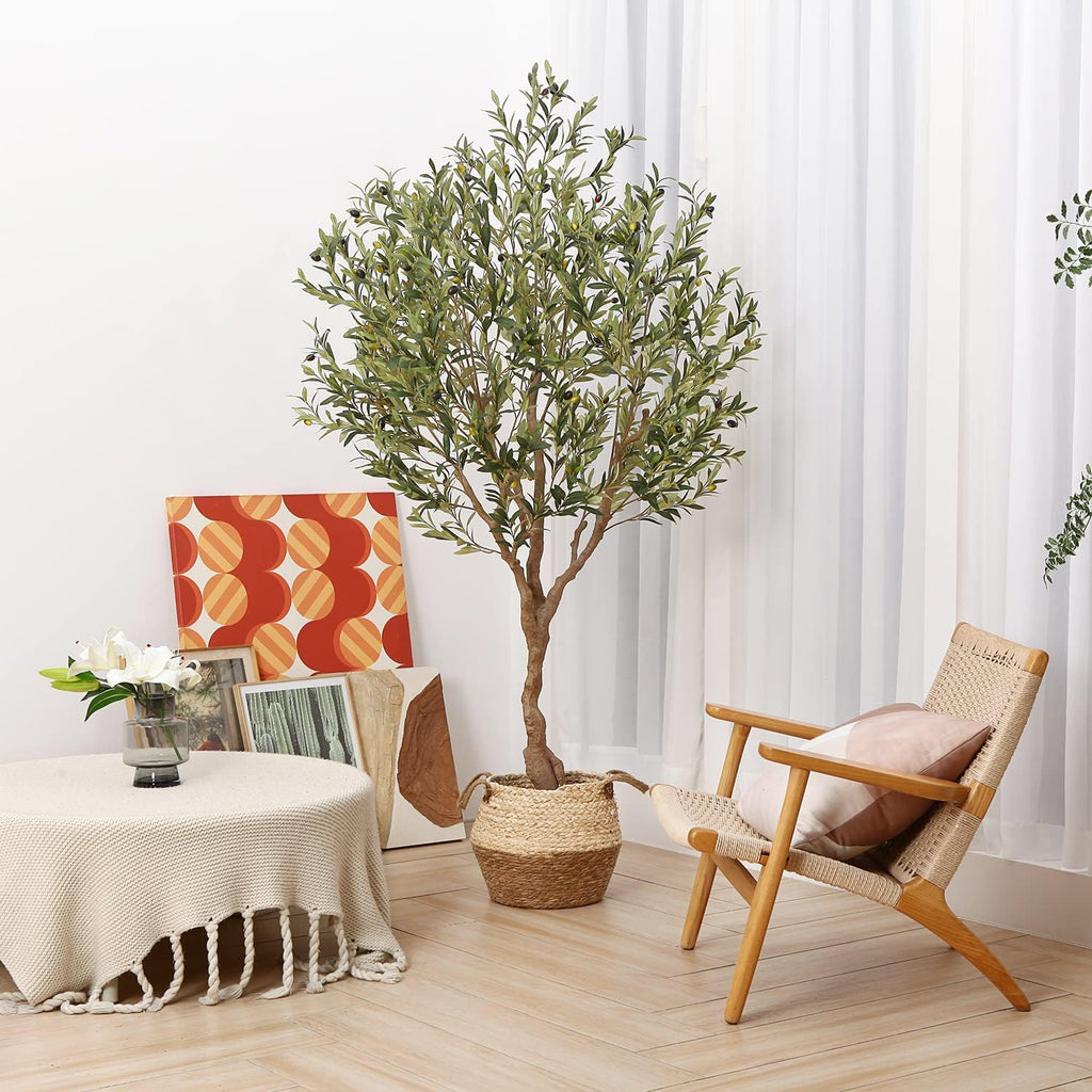 LOMANTO Olive Trees Artificial Indoor, 7Ft Artificial Olive Plants, Tall Faux Olive Tree, Fake Topiary Silk Tree in Pot with Olive Branch & Fruit, Home Office Modern Decor Gift for Housewarming 1Pack
