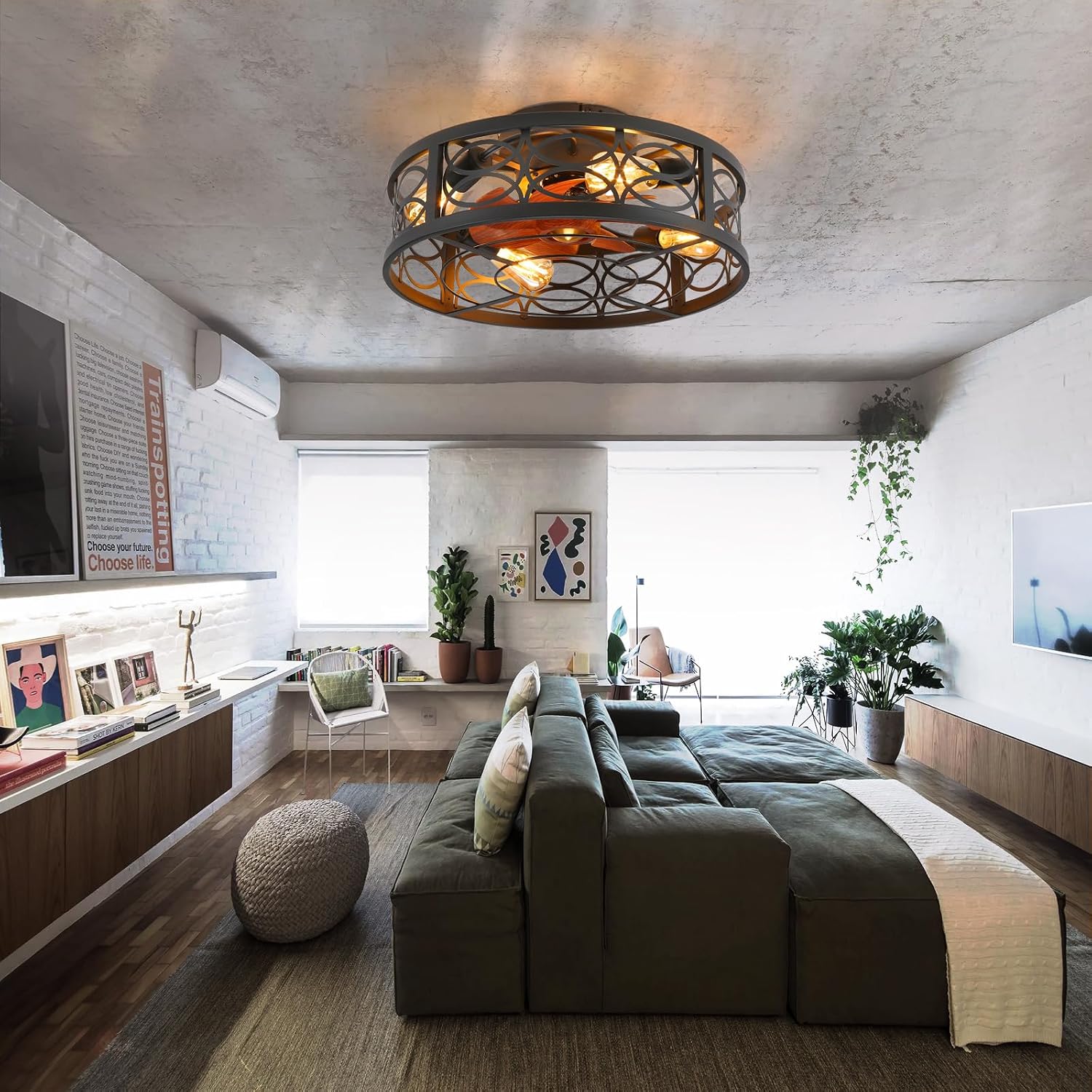 20' Caged Ceiling Fan with Light and Remote，Bladeless Ceiling Fan 6 Speed Reversible with 4 Bulbs and Remote Control.Low Profile Ceiling Fans with Lights for Bedroom, Dining Room