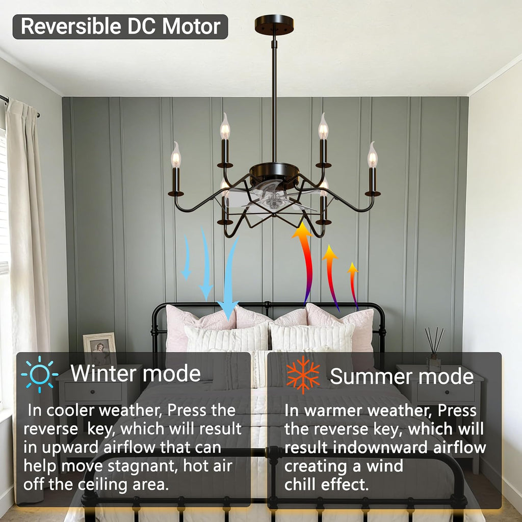 Ceiling Fan with Branch-Shaped Candlestick Chandelier 25' Farmhouse Fandelier Ceiling Fans with Lights, Rustic Hanging Chandelier for Bedroom, Dining Room, Kitchen Island, Foyer, Hallway-Black