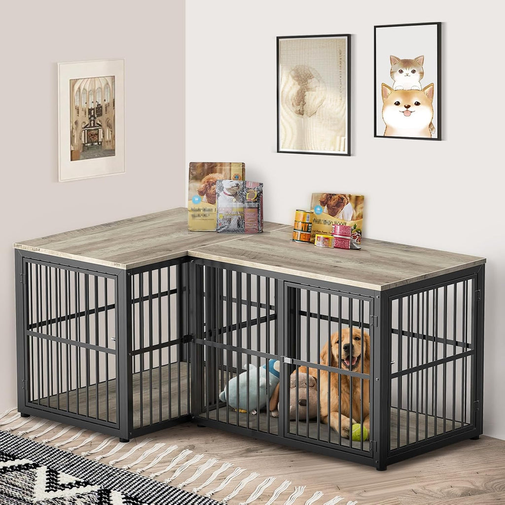 Lyromix 43'' L-Shaped Corner Dog Crate Furniture Large Breed with Double Rooms,Wooden Dog Crate End Table Indoor with Removable Divider for Small to Medium Dogs, Can Use Separately