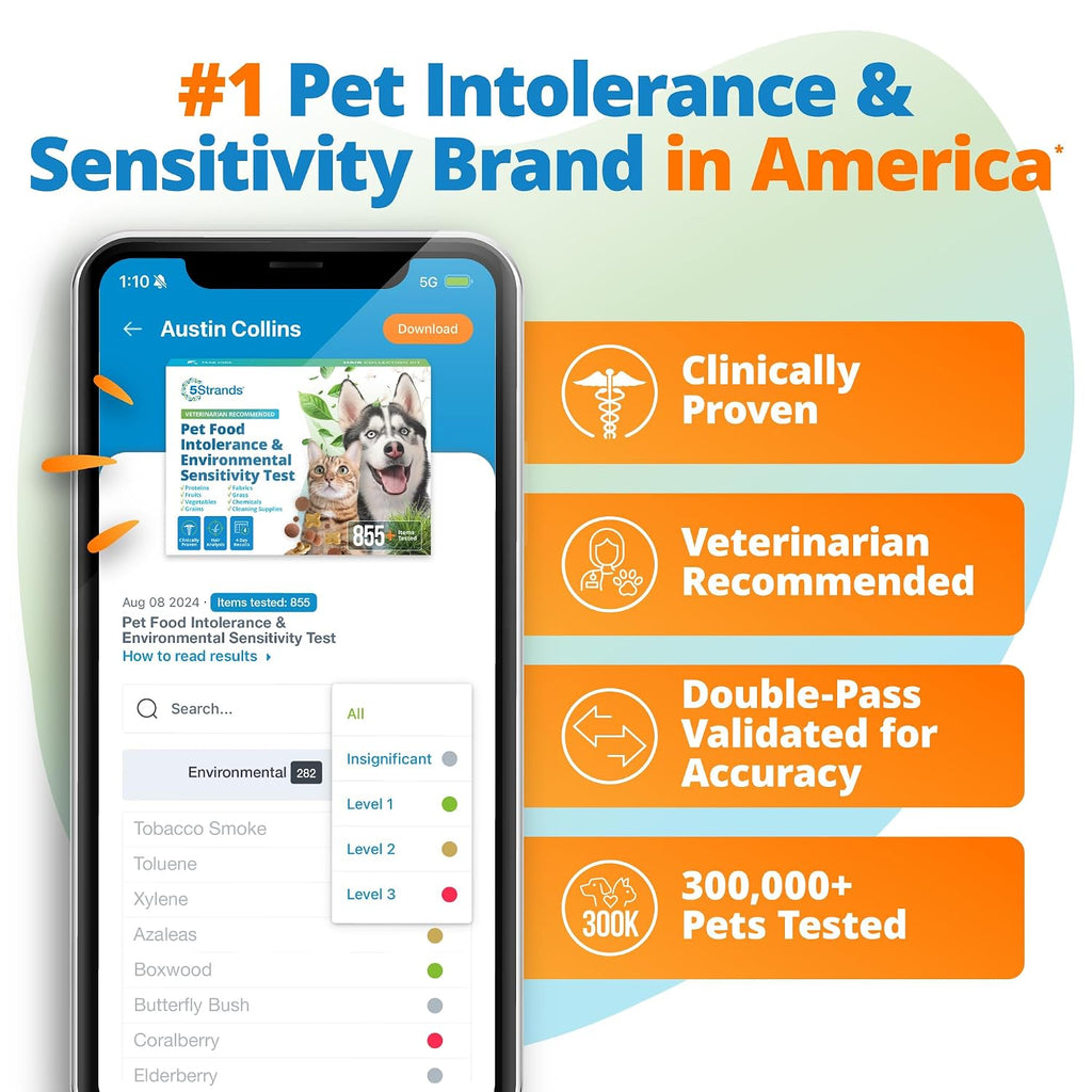 5Strands Pet Food Intolerance & Environmental Sensitivity Test, at Home Gut Health Test for Dogs & Cats, 857 Items Tested, Pet Health Check, Results in 4 Days, For All Ages and Breeds