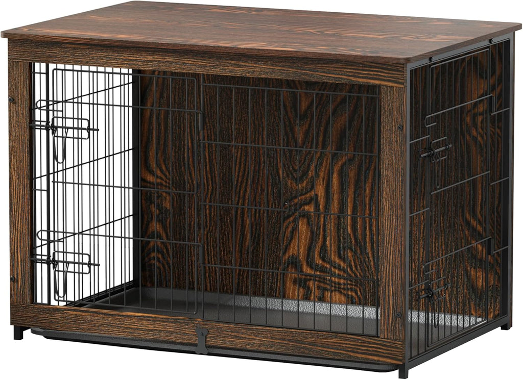 Megidok Wooden Dog Crate Furniture with Cushion, Dog Crate End Table with Tray, Double Doors Dog Crate Furniture Style, Decorative Dog Kennels Indoor (37' L*25' W*26' H, Rustic Style)