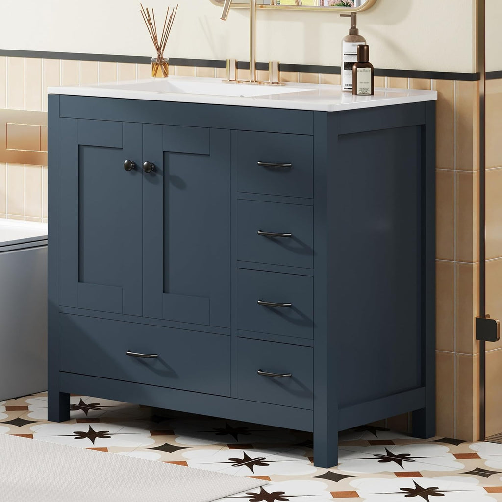LUMISOL 36 Inch Bathroom Vanity with Sink, Freestanding Bathroom Cabinet with Ceramic Sink, Modern Single Vanity with Soft Close Doors & Drawers for Guest Bath, Master Suite, Rental, Blue