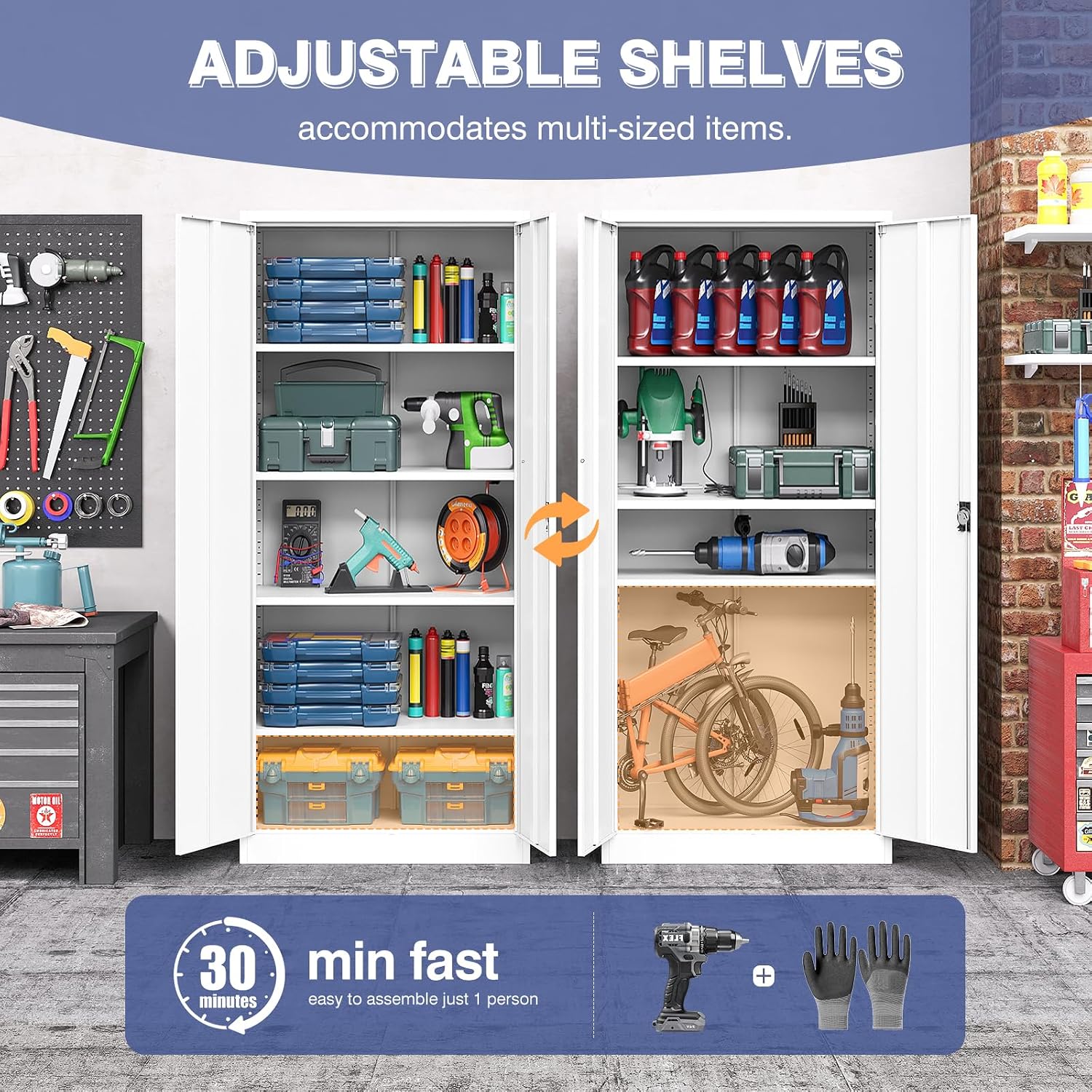 Metal Storage Cabinet with Lock,Lockable Garage Cabinet with 2 Doors and 5 Adjustable Shelves,Tall Steel Cabinets for Garage,Workshop,Gym,School
