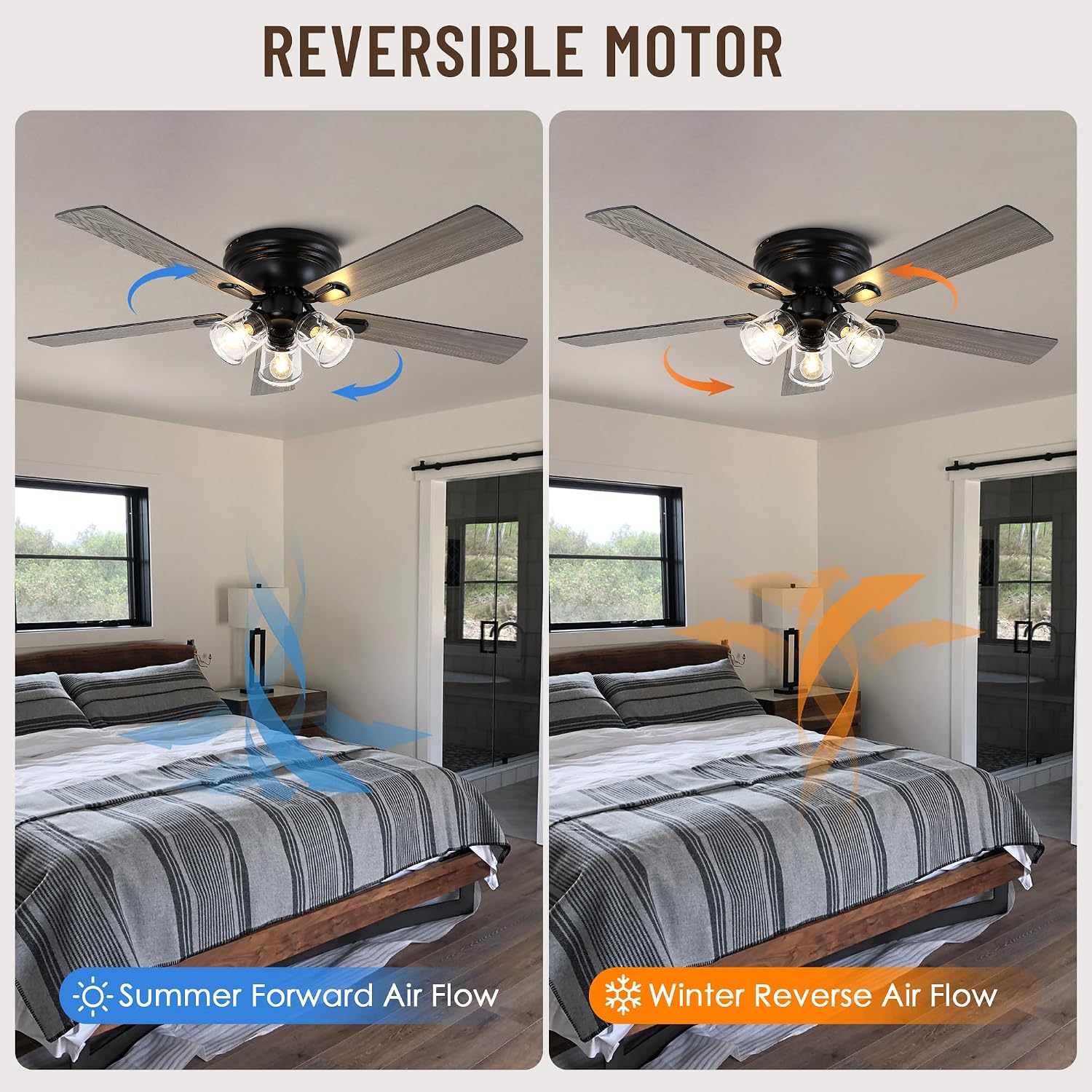 52' Flush Mount Ceiling Fan with Lights and Remote Control,Industrial Farmhouse Ceiling Fan,Reversible Quiet Motor,5 Wood Blades,3 Clear Glass Lights for Bedroom Living Room Kitchen