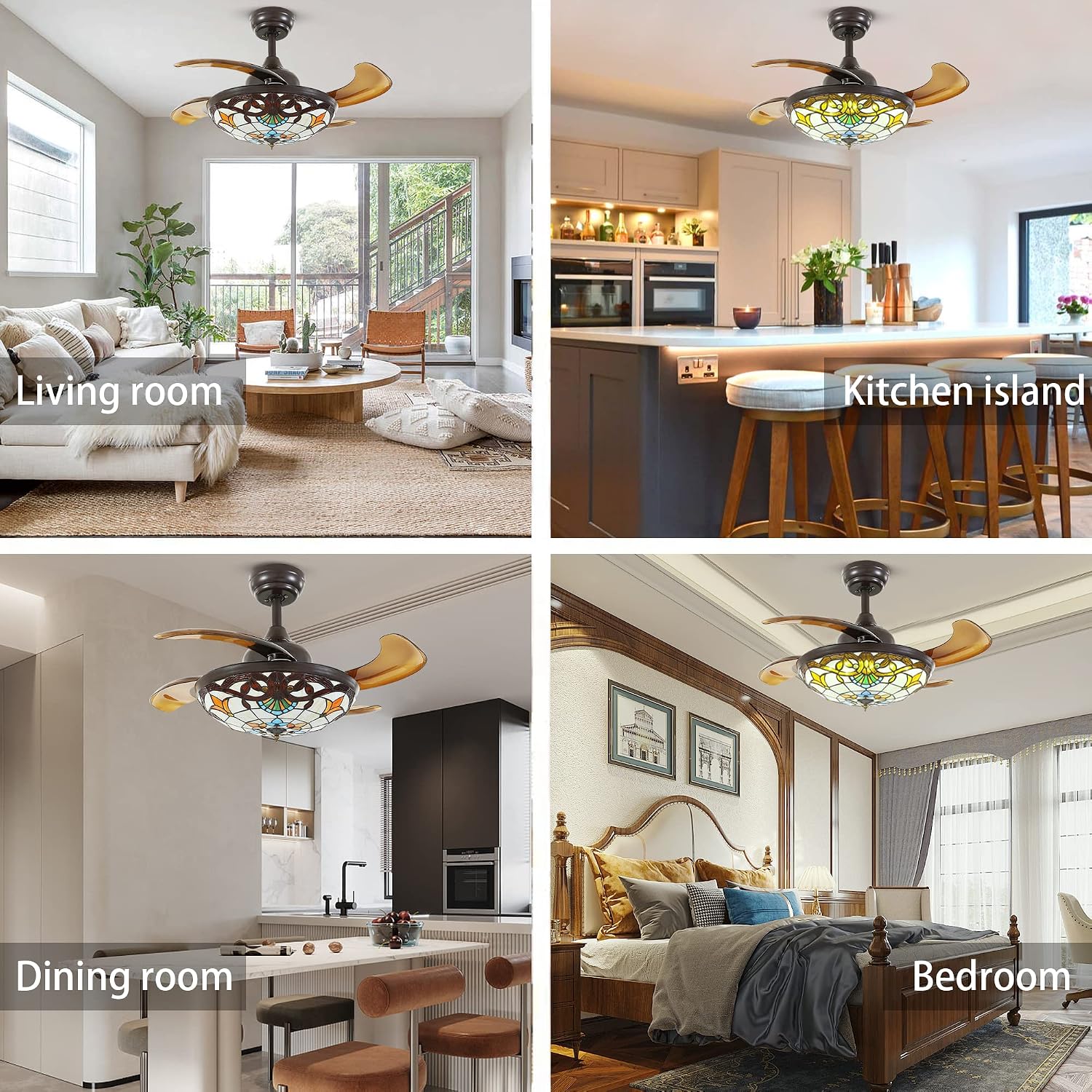 36' Tiffany Style Ceiling Fan with Lights, Remote Control Led Dimmable Fandelier Fixture with 4 Retractable Reverse Blades, Vintage Stained Glass Suit for Bedroom Living Room
