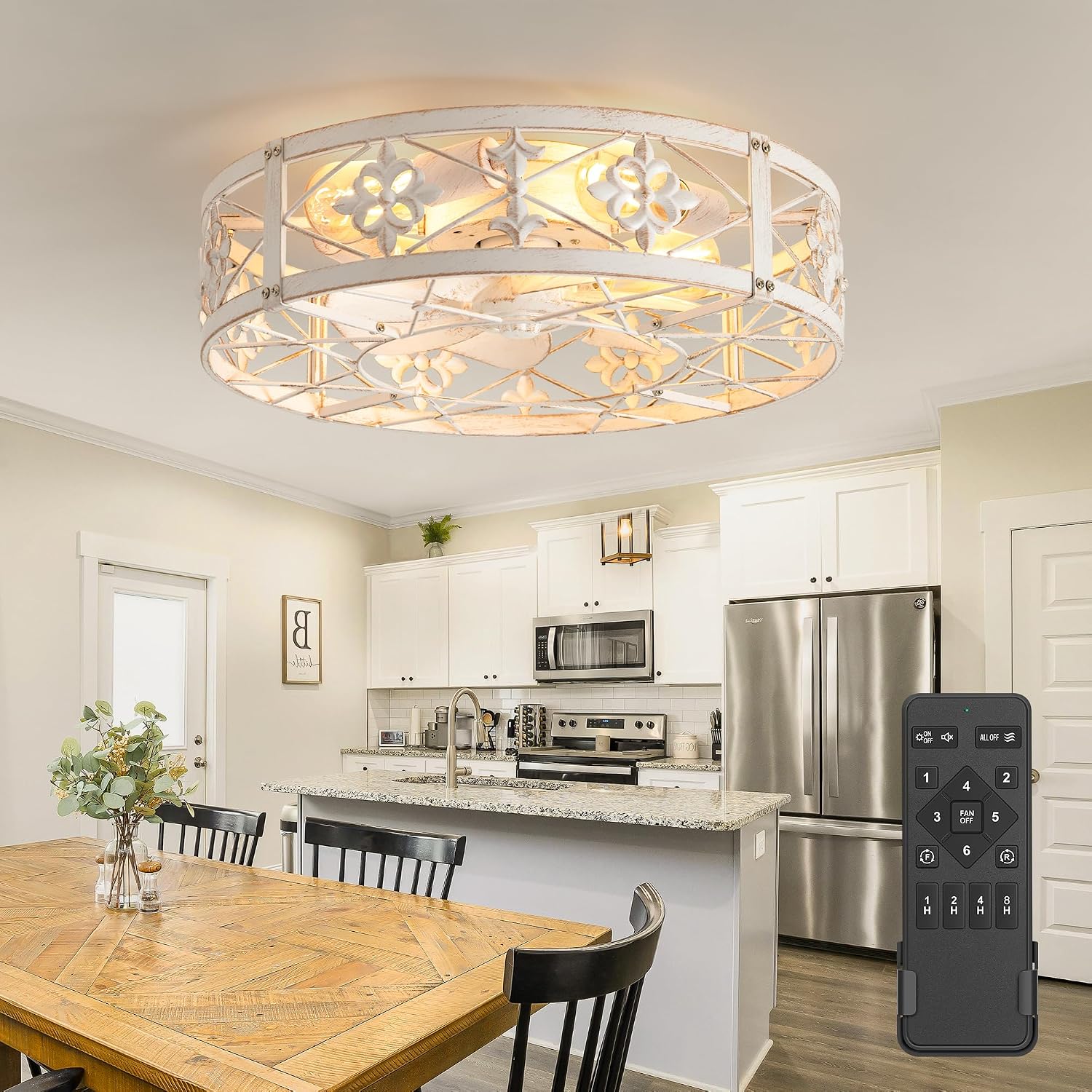 ZYD Caged Ceiling Fans with Light, 20' Ceiling Fans with Lights and Remote Flush Mount, Bladeless Caged Ceiling Fan with Light, Rust White Farmhouse Ceiling Fan for Bedroom, Kitchen, Dining Room