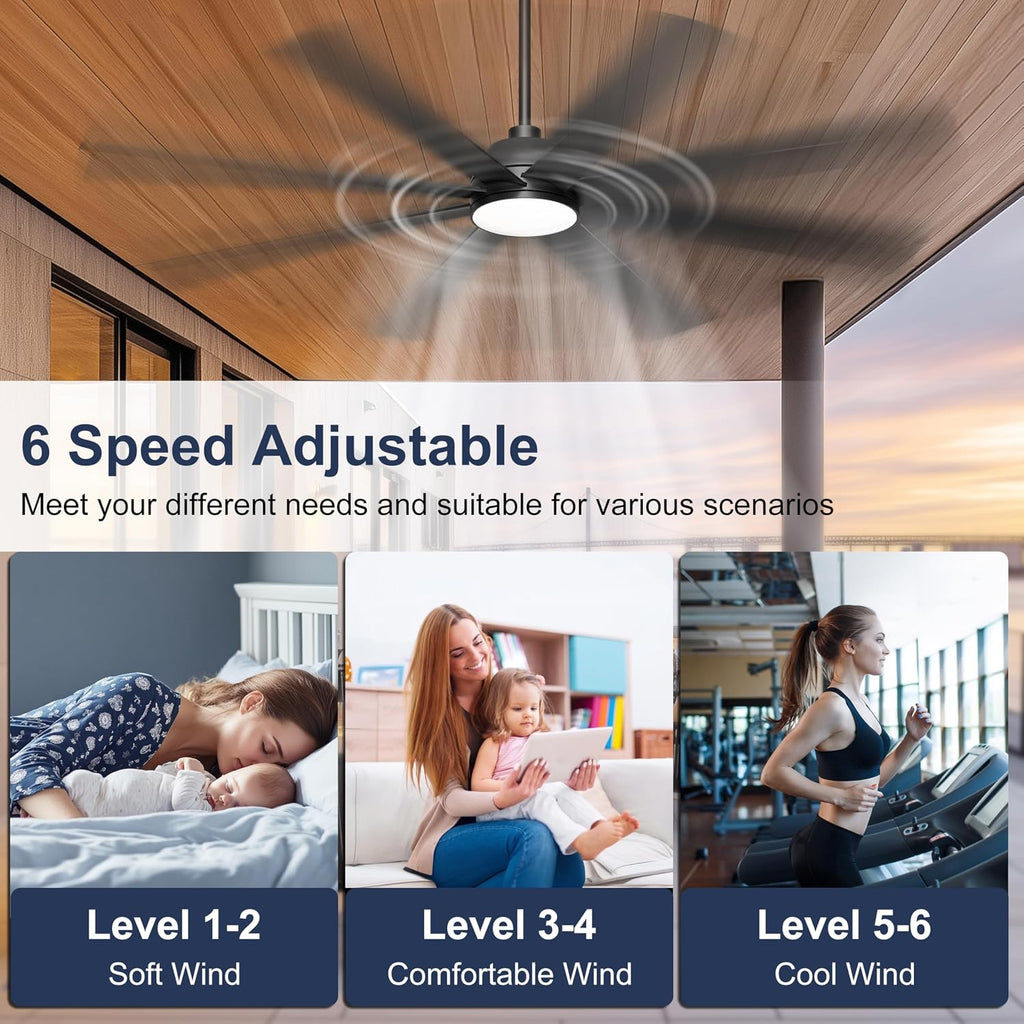 72'' Ceiling Fan with Light - Remote & APP Control, 3 CTT Dimmable, 6 Speed Reversible DC Motor Fan for Shop, Garage, Covered Outdoor, Black