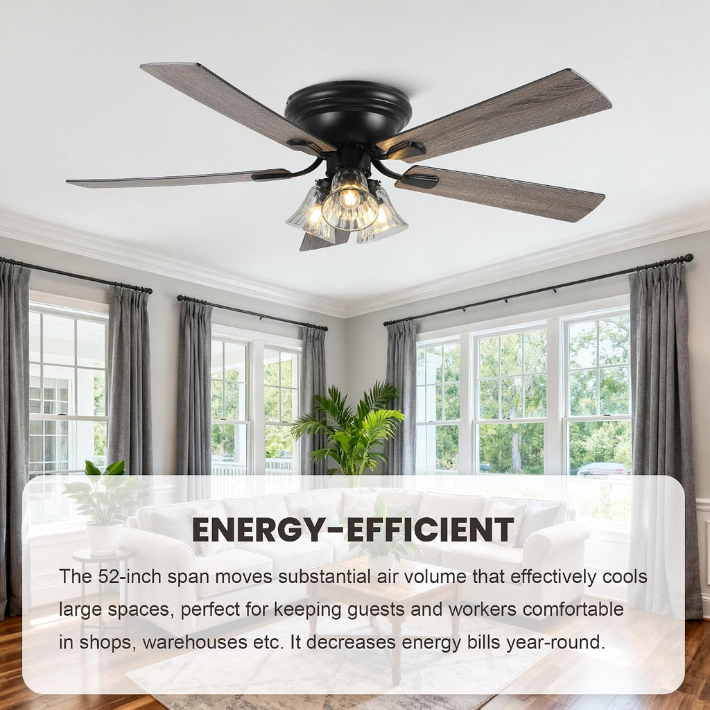Dawn Whisper 52 Inch Ceiling Fan with Light Flush Mount Classic Vintage Farmhouse Ceiling Fan with 3 E26 Covered Energy Efficient Light Bulbs Base