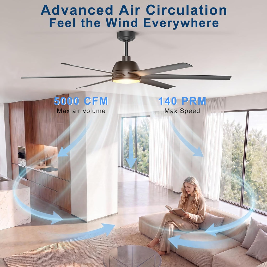 65 Inch Ceiling Fan with Lights - Black Ceiling Fan with Remote & APP Control, 3CCT, Dimmable, Quiet Reversible DC Motor, Indoor Outdoor Ceiling Fans for Patio Living Room Garage Shop
