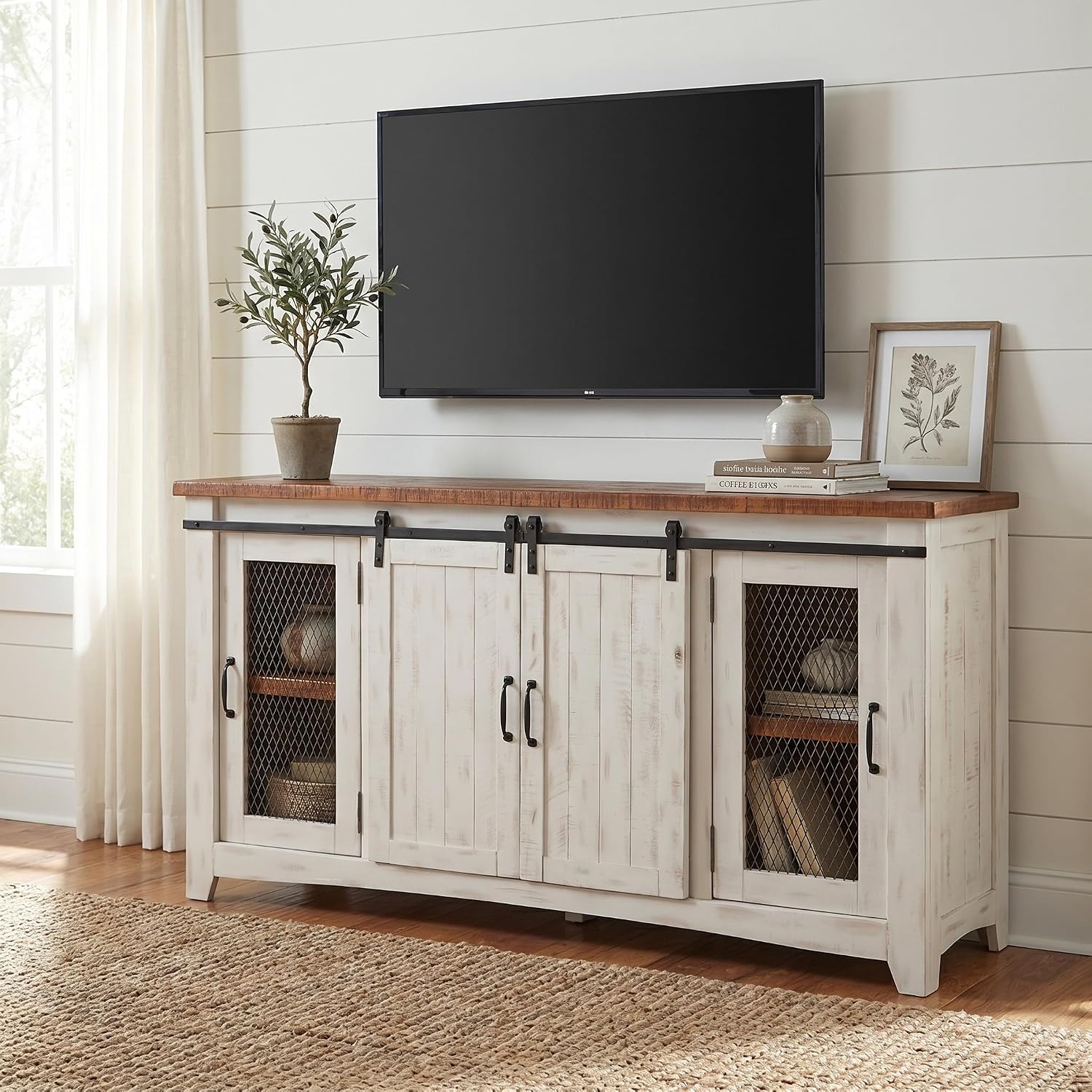 Martin Svensson Home 65' Solid Pine Wood Entertainment Center with Storage. Rustic TV Stand for TVs up to 70.' Sliding Doors, Adjustable Shelves & Cable Management – White and Honey Finish