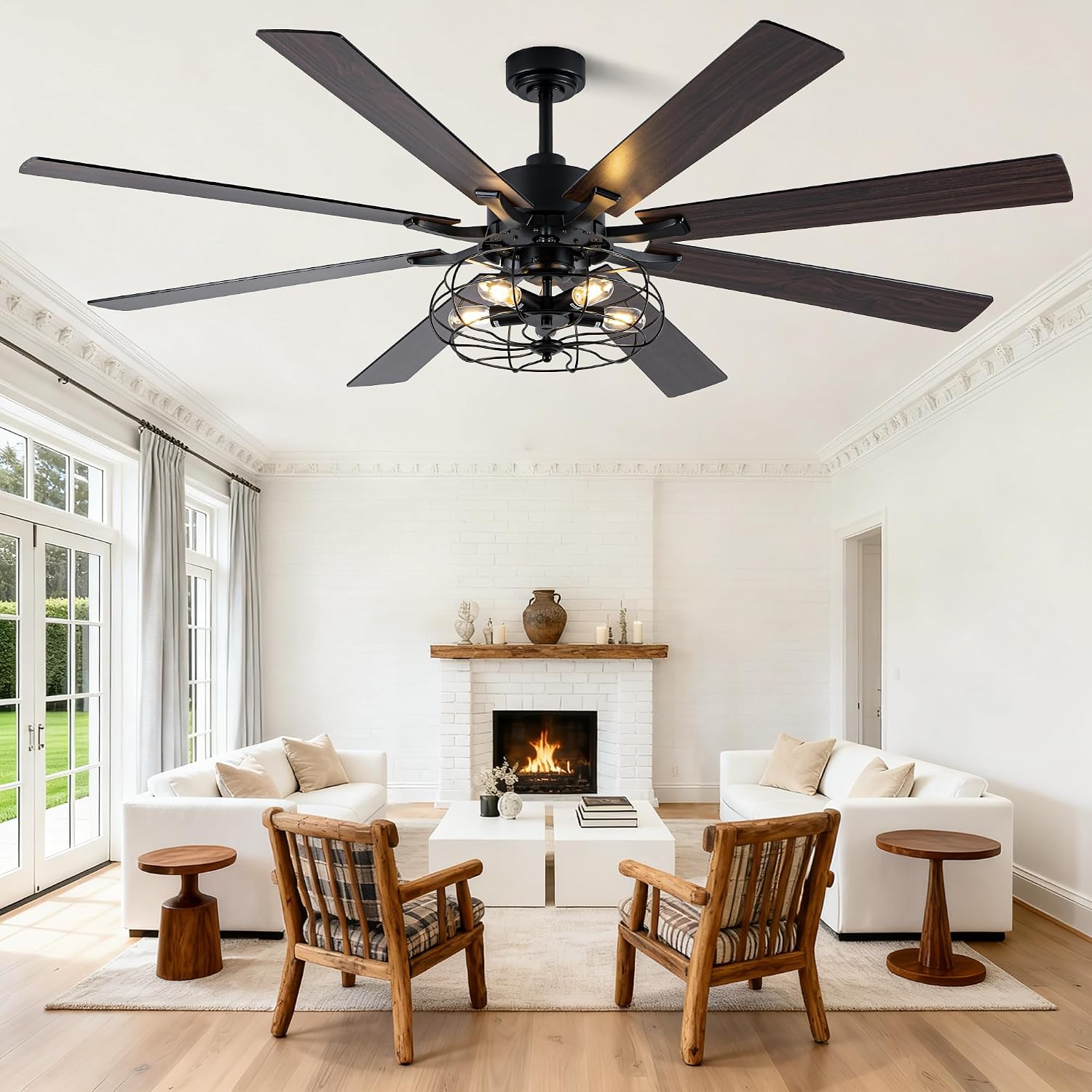 72 Inch Caged Ceiling Fans with Lights and Remote,Industrial Caged Rustic Retro Chandelier Ceiling Fan with Reversible Motor,8 Double Colour Blades for Dining Room Living Room Bedroom Porch Patio