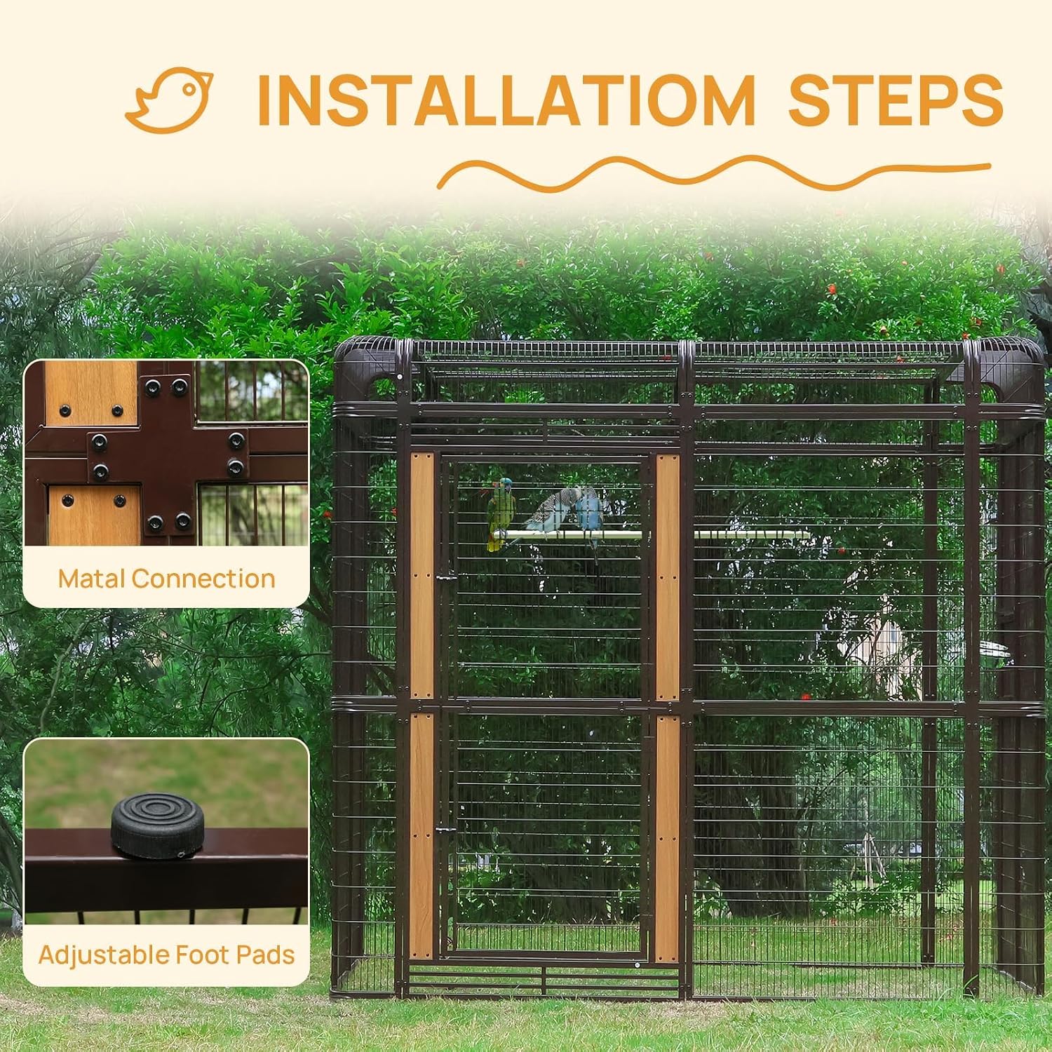 87-inch Outdoor Large Walk-in Cage Heavy Duty Bird Cage Carbon Crystal Board Aviary Parrot Cage Wide Flight Metal Birdcage for Macaw Budgie Conure Lovebird Parakeet Cockatiel, 7.22x5.25x6.8ft, Brown