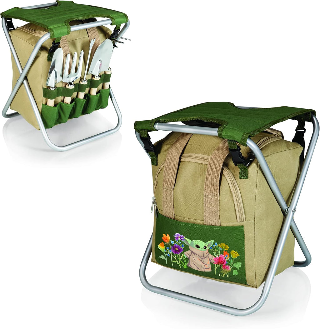 Picnic TIME Star Wars The Mandalorian Grogu Gardener Folding Seat with Tools, 5 Piece Garden Tool Set with Folding Stool and Detachable Tote Organizer, (Olive Green with Beige Accents)
