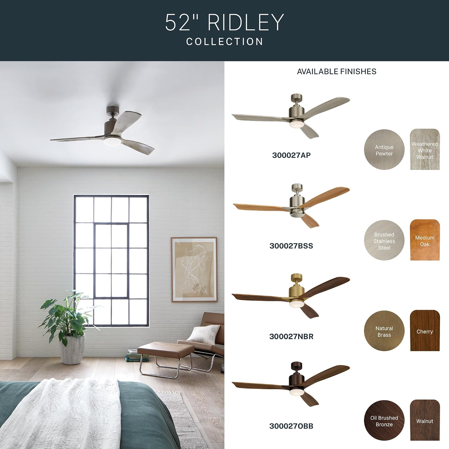 Kichler Ridley II 52 in Ceiling Fan with Light, 3-Blade LED Indoor Fan with Etched Cased Opal Glass in Brushed Stainless Steel, Medium Oak Blades for Living Room, 300027BSS