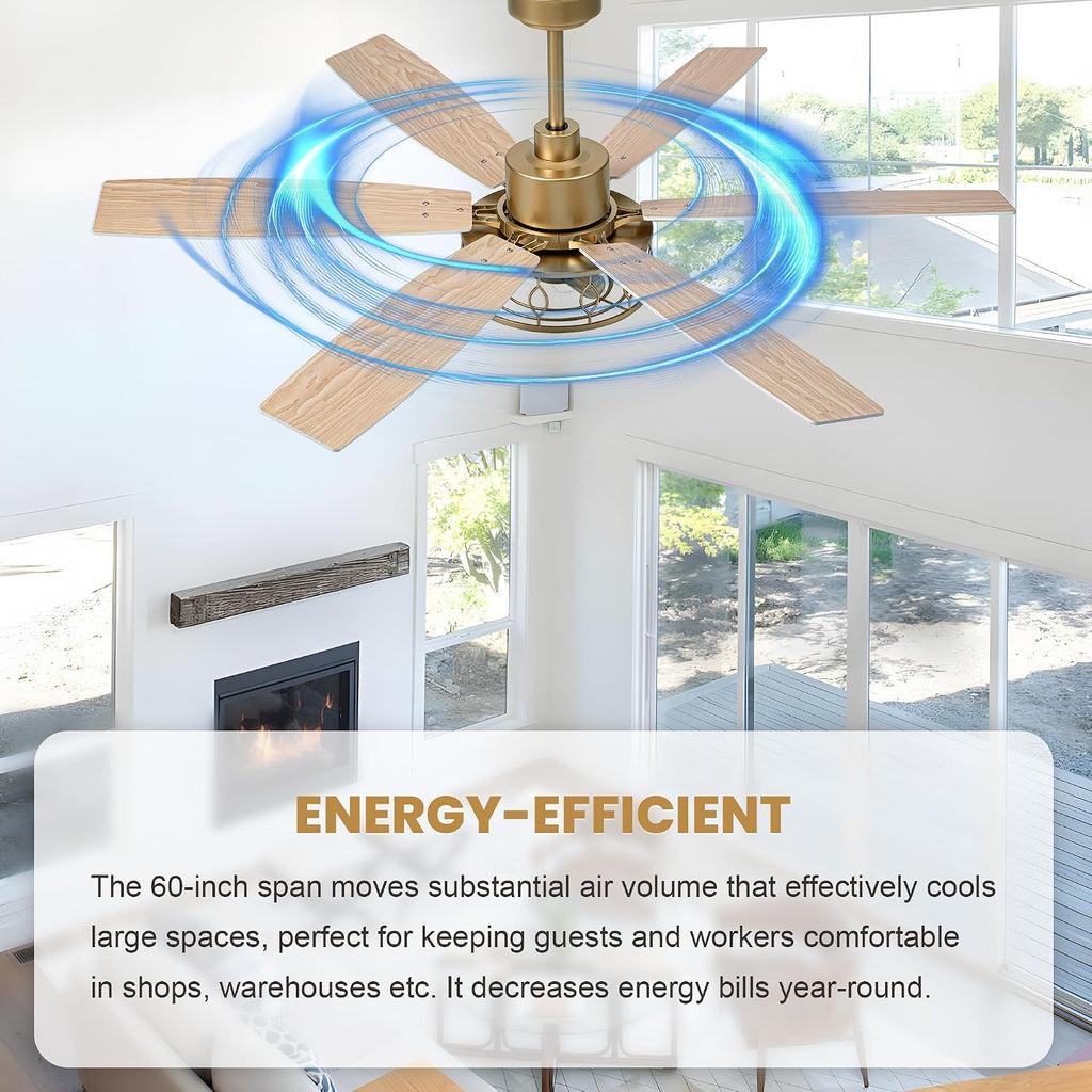 Dawn Whisper 60 Inch Ceiling Fans with Lights Gold Ceiling Fans with Remote Quiet Reversible DC Motor 6 Speeds Large Industrial Chandelier Fan for Living Room Bedroom