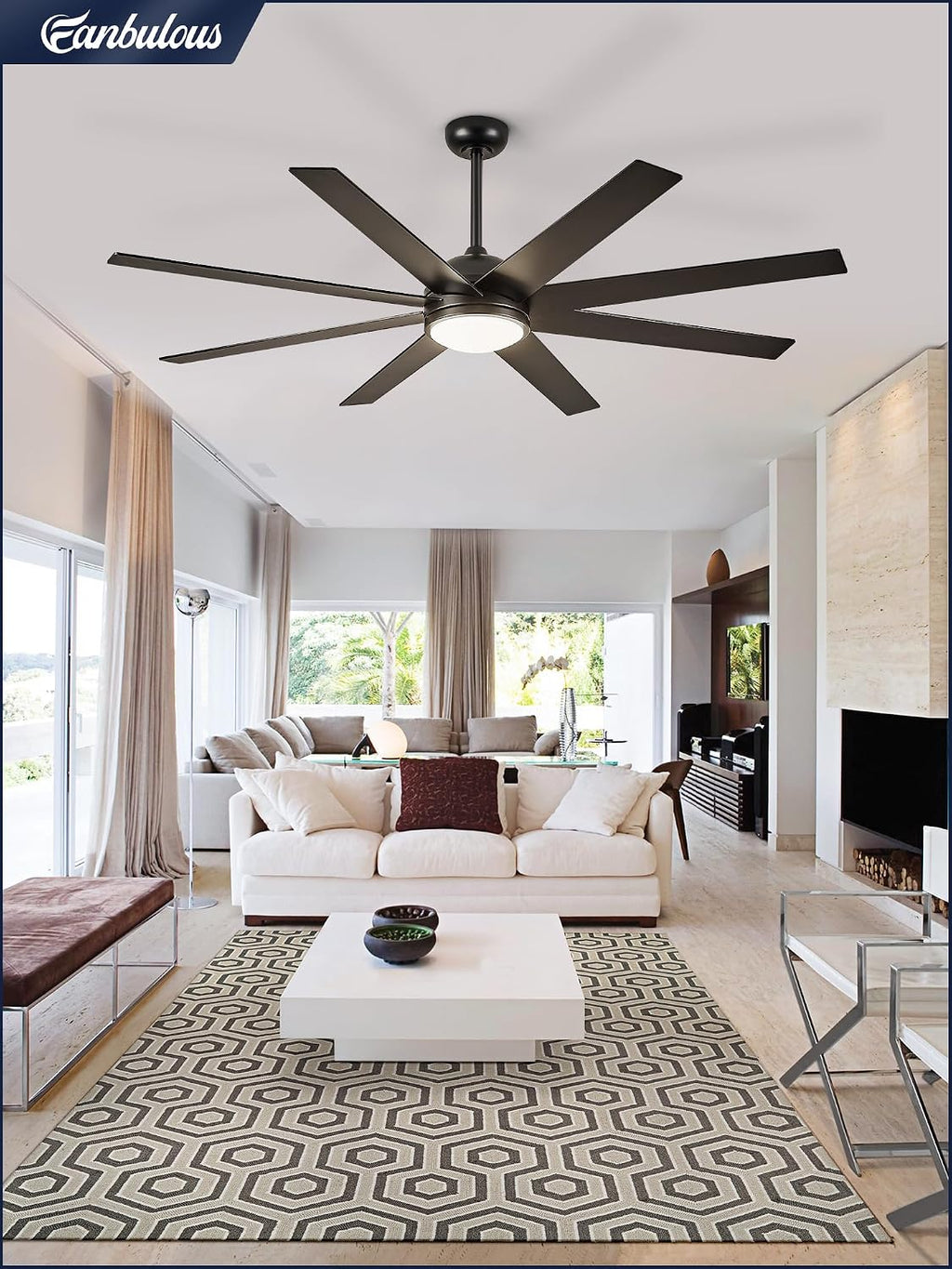 Fanbulous Ceiling Fan with Light, 72 inch Large Black Ceiling Fan with Light and Remote, Indoor/Outdoor use for Living Room Patio, 6 Speeds, Reversible Quiet DC Motor, 3 CCT, 8 Blades