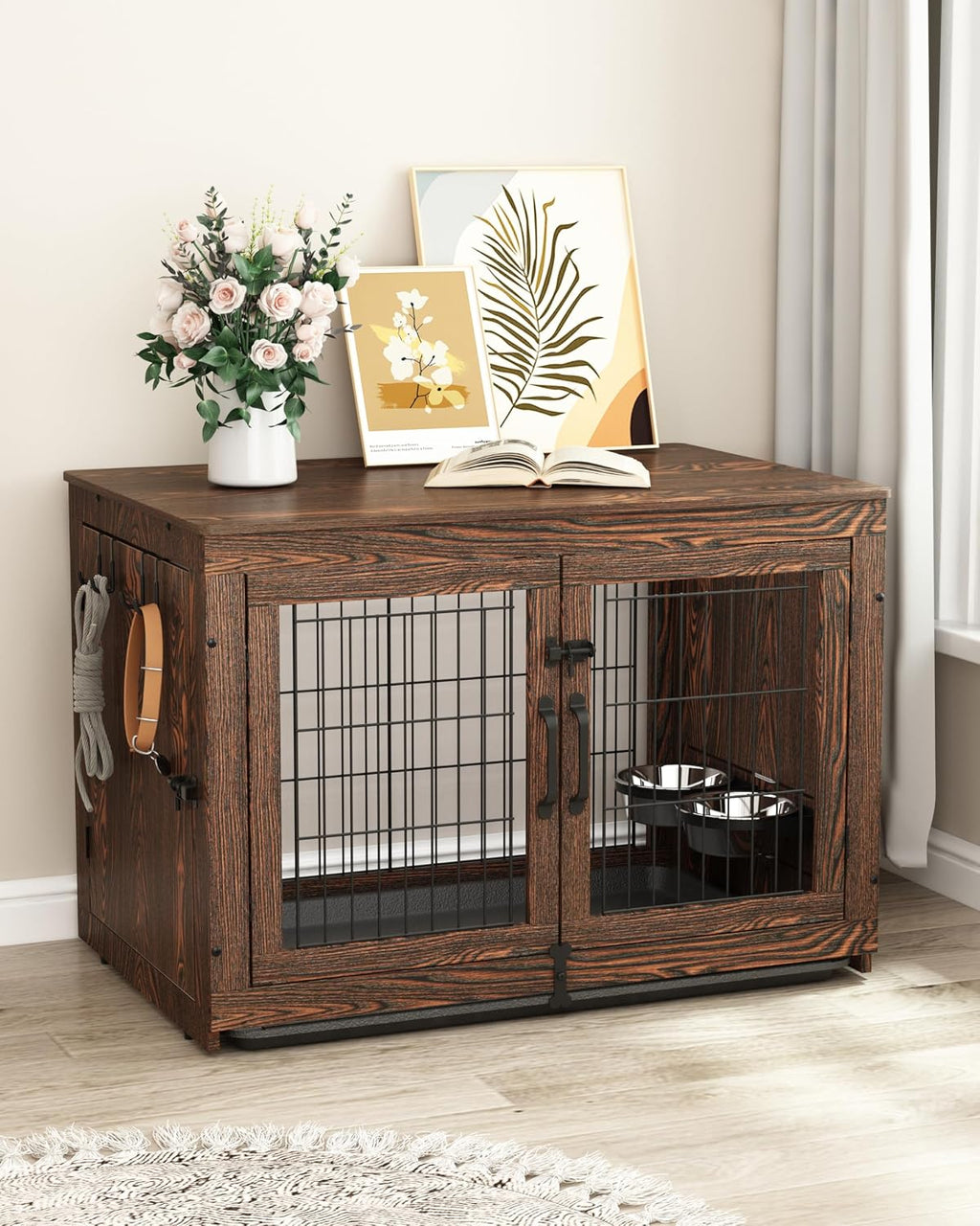 Piskyet Wooden Dog Crate Furniture with 360°Rotatable Removable Dog Bowls, Dog Crate End Table with Tray(L:37.7' L*25.1' W*26.1' H, Rustic Brown)