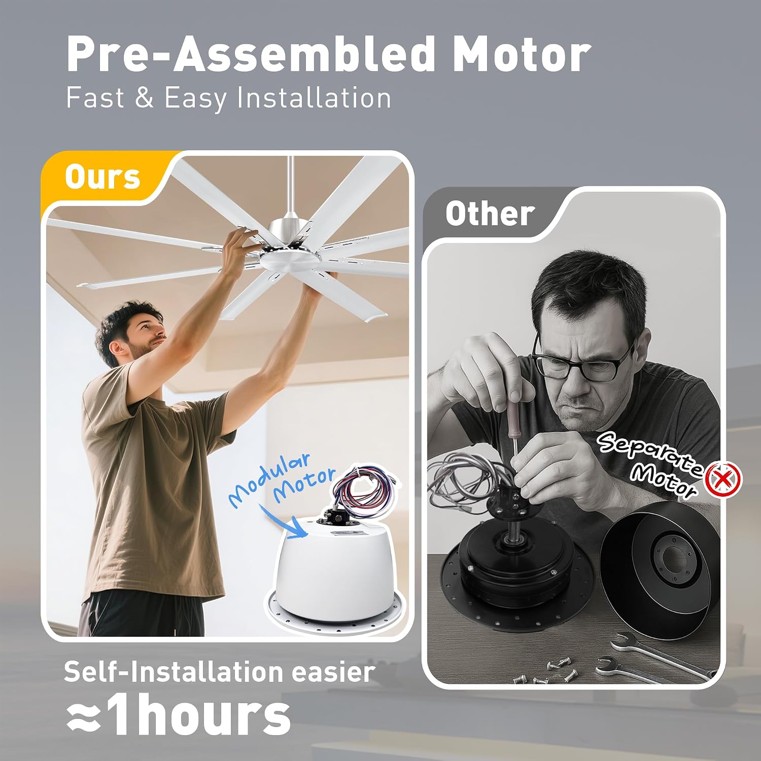 Minislak 84 Inch Ceiling Fan No Light with 8 Brushed Nickel Aluminum Blades,Industrial DC Motor Fan Quiet Operation with Remote,6 Speeds,Large Indoor Outdoor Ceiling Fan for Garage,Patio,Living Room