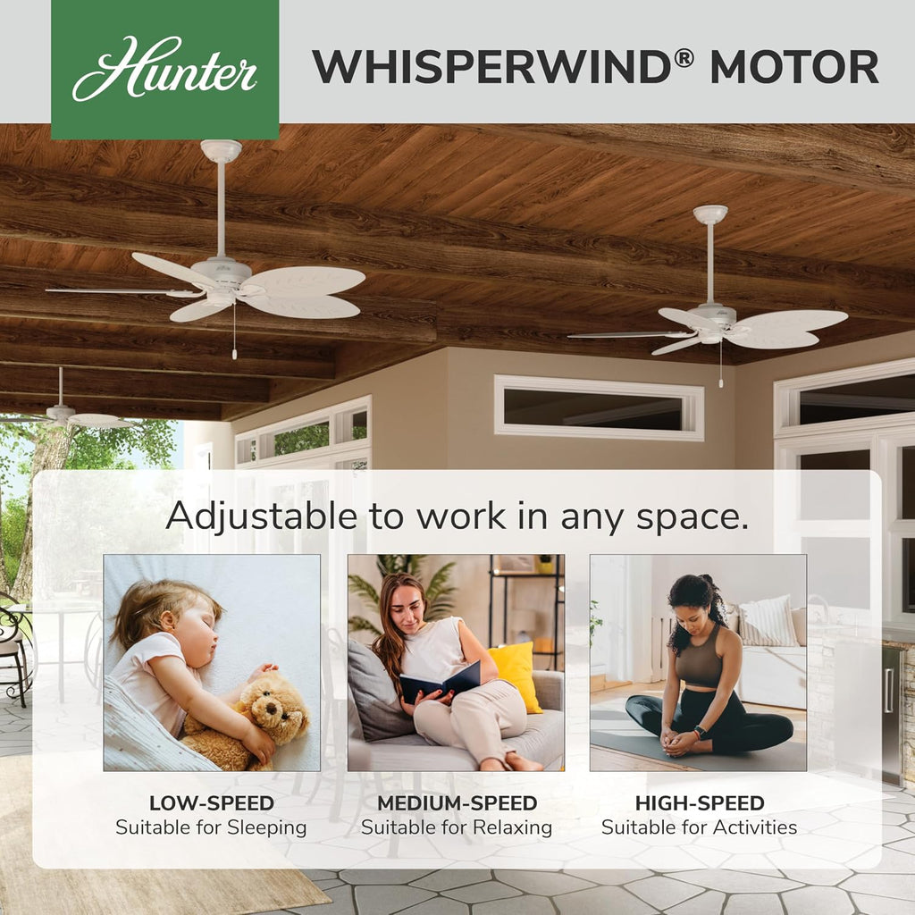 Hunter 54 inch Outdoor or Indoor Ceiling Fan No Light - White Ceiling Fan without Light, For Patio, Porch, Garage, or Living Room, Standard Mount, 5 Blades, Pull Chain - Bayview 50474, White