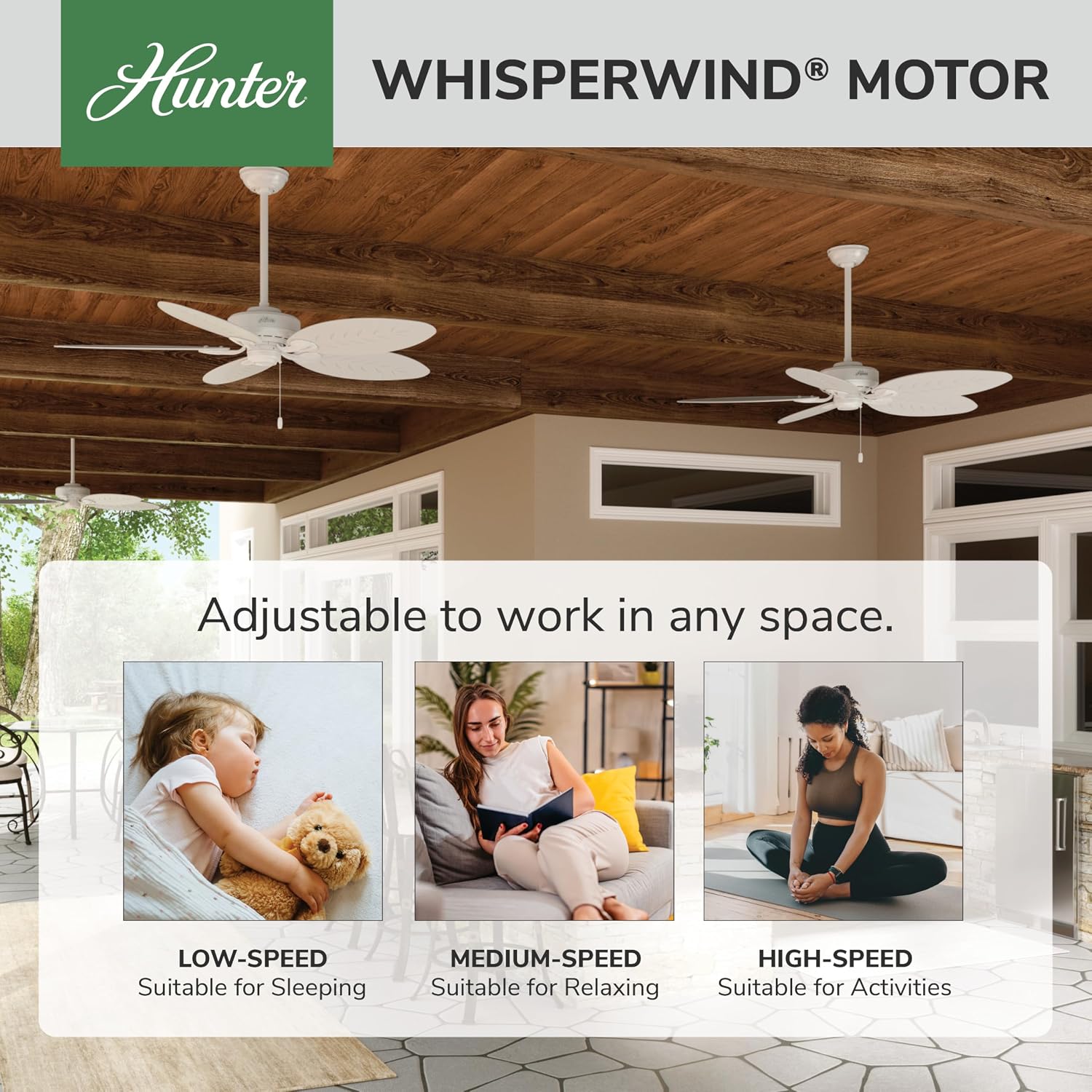 Hunter 54 inch Outdoor or Indoor Ceiling Fan No Light - White Ceiling Fan without Light, For Patio, Porch, Garage, or Living Room, Standard Mount, 5 Blades, Pull Chain - Bayview 50474, White