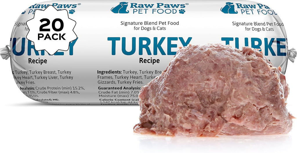 Raw Paws Signature Blend Pet Food for Dogs & Cats - Turkey Recipe, 1-lb Rolls (20 Pack) - Made in USA Frozen Turkey Roll Dog Food - Log Dog Food - Refrigerated Raw Frozen Food for Dogs