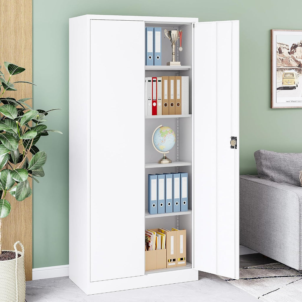 Metal Storage Cabinet with Lock,Lockable Garage Cabinet with 2 Doors and 5 Adjustable Shelves,Tall Steel Cabinets for Garage,Workshop,Gym,School