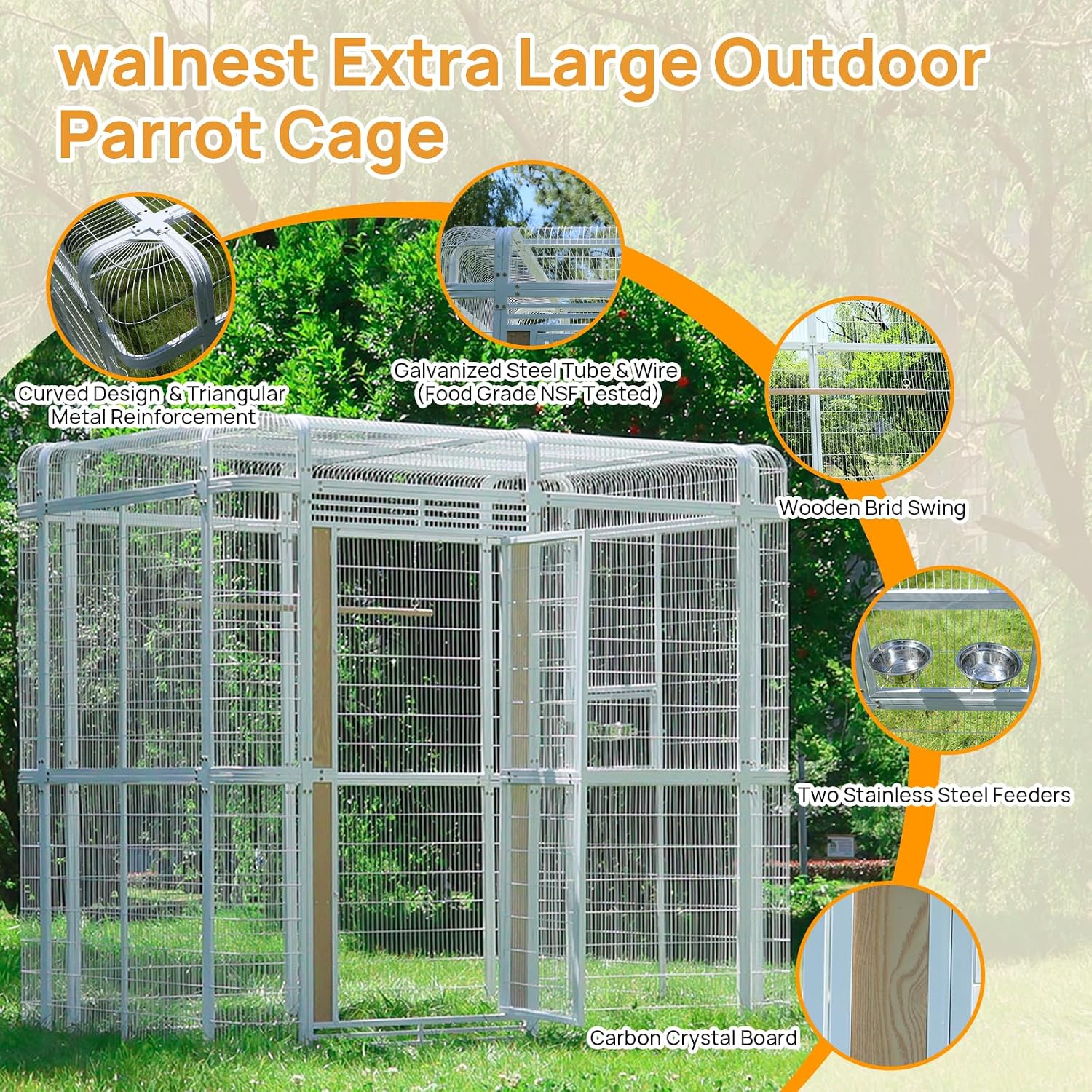 Large Walk-in Cage 87-inch Heavy Duty Bird Cage Outdoor Carbon Crystal Board Aviary Parrot Cage Wide Flight Metal Birdcage for Macaw Budgie Conure Lovebird Parakeet Cockatiel, 7.22x5.25x6.8ft, White