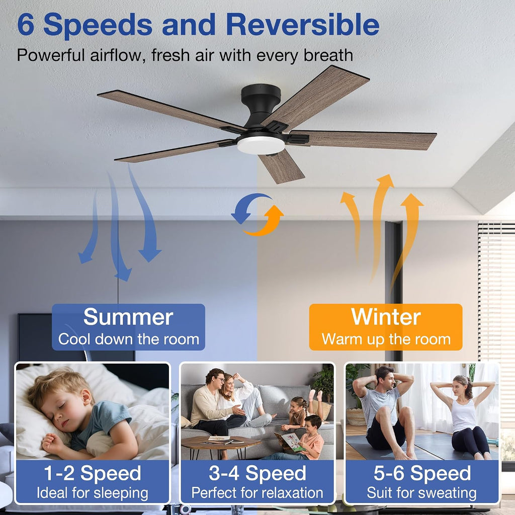 52 Inch Ceiling Fans with Lights,Smart Low Profile Ceiling Fan with Light and Remote Control,Alexa,APP,Black Flush Mount Ceiling Fans for Bedroom,Patio,Porch,Outdoor Indoor Use,5 Blades,Dimmable,Quiet