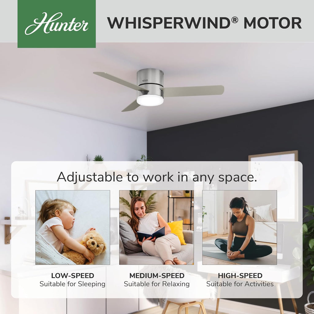 Hunter 52 inch Indoor Ceiling Fan with Light and Remote Control - For Bedroom or Living Room, Low Profile Flush Mount, Modern Ceiling Fan with LED Light, Quiet, 3 Blades- Minimus 51431, Brushed Nickel