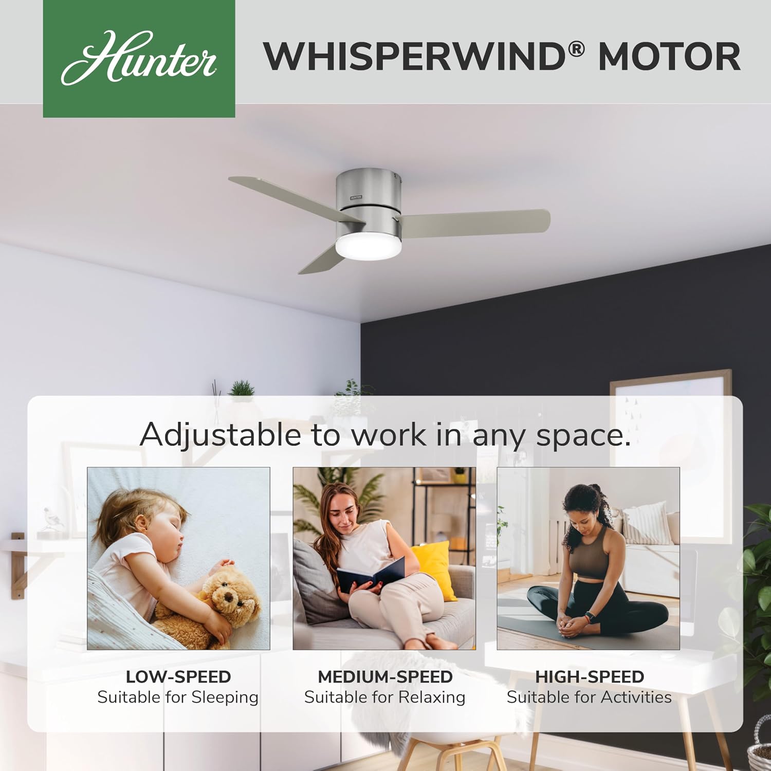Hunter 52 inch Indoor Ceiling Fan with Light and Remote Control - For Bedroom or Living Room, Low Profile Flush Mount, Modern Ceiling Fan with LED Light, Quiet, 3 Blades- Minimus 51431, Brushed Nickel