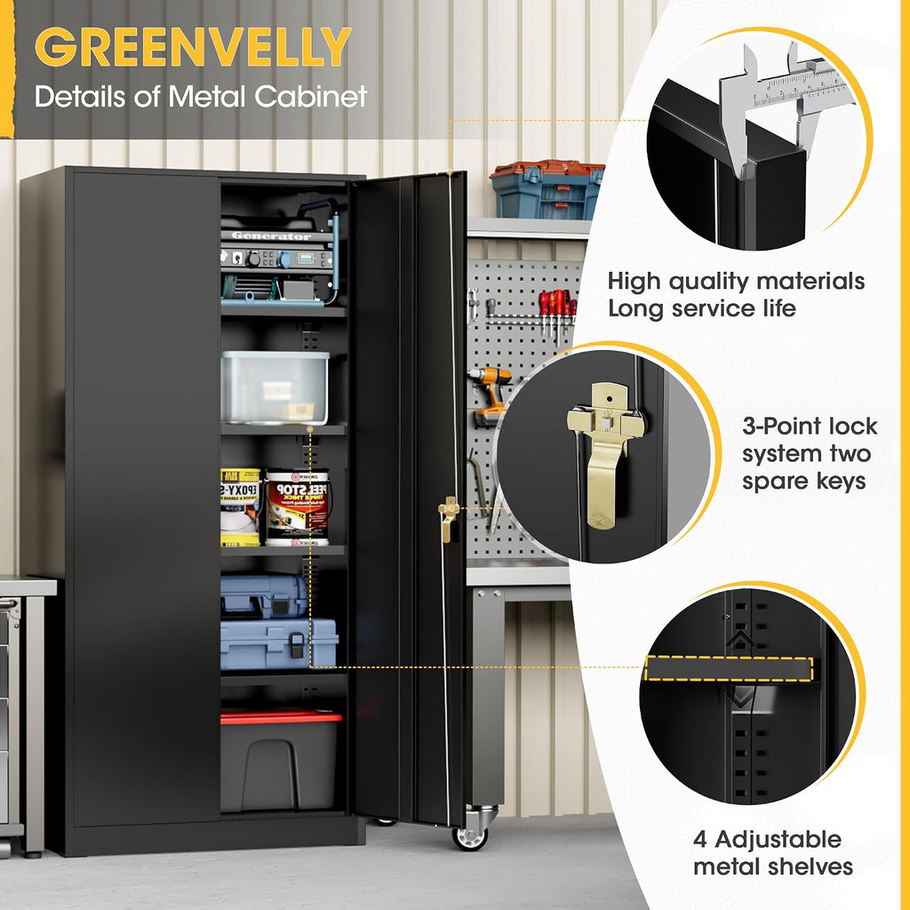 Greenvelly 72' H Metal Storage Cabinet with 2 Doors and 4 Adjustable Shelves, Black Metal Cabinet with Lock,Garage Cabinets Steel Tool Cabinet for Office,Home, Garage, Gym, School