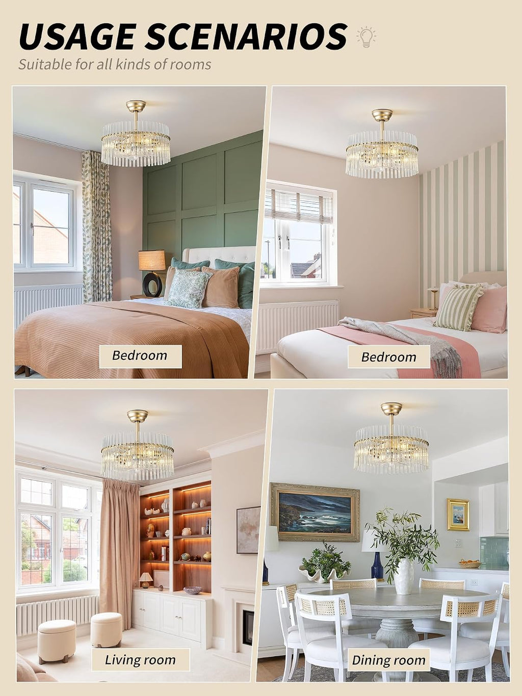 SYDACG 20' Gold and Clear Crystal Fandelier Ceiling Fan with Light, Mid-Century Chandelier Ceiling Fan with Light Remote Control, 6 Speeds for Bedroom, Nursery, Living Room