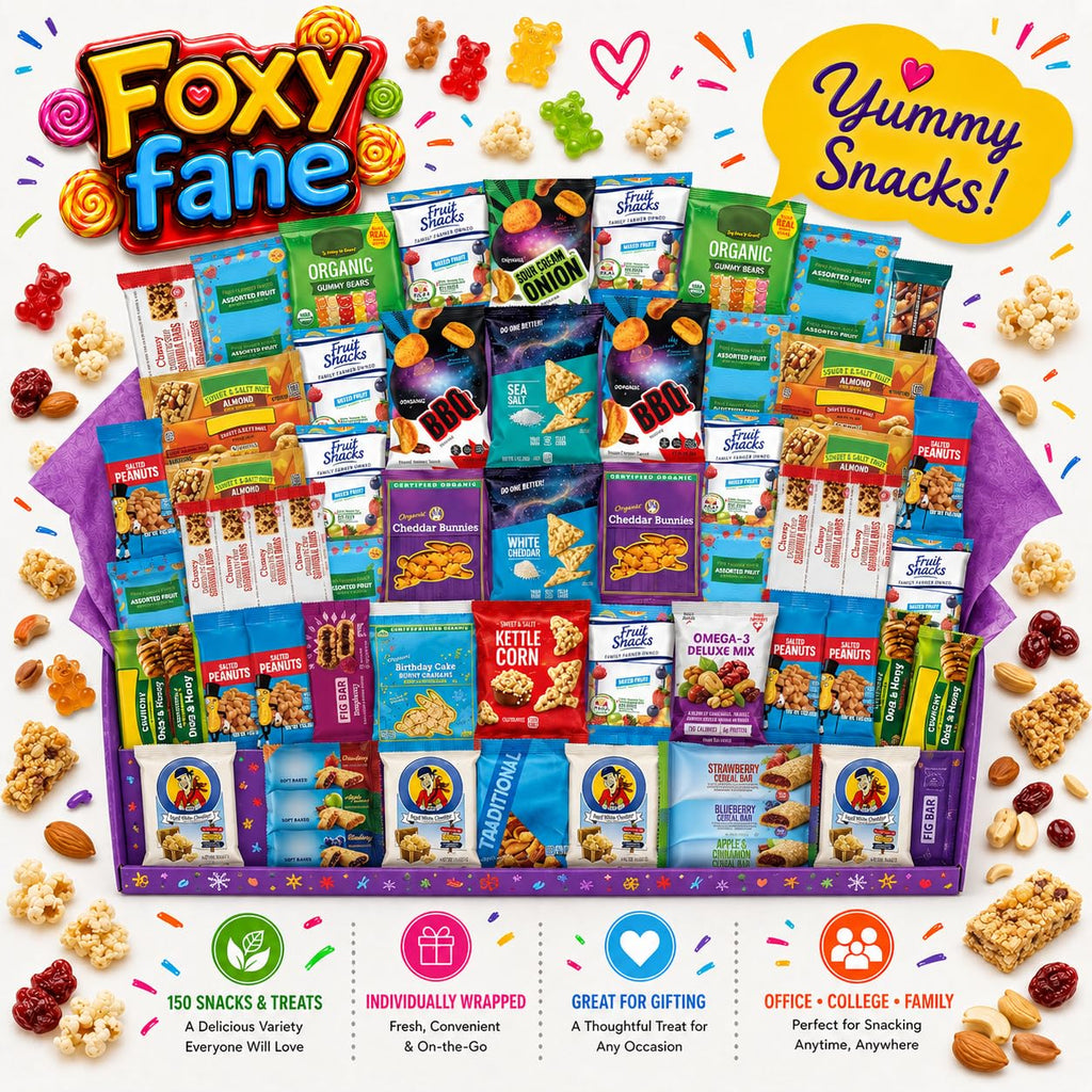Foxy Fane 150-Count Holiday Gift Box - Variety Pack of 150 Healthy Snacks & Treats