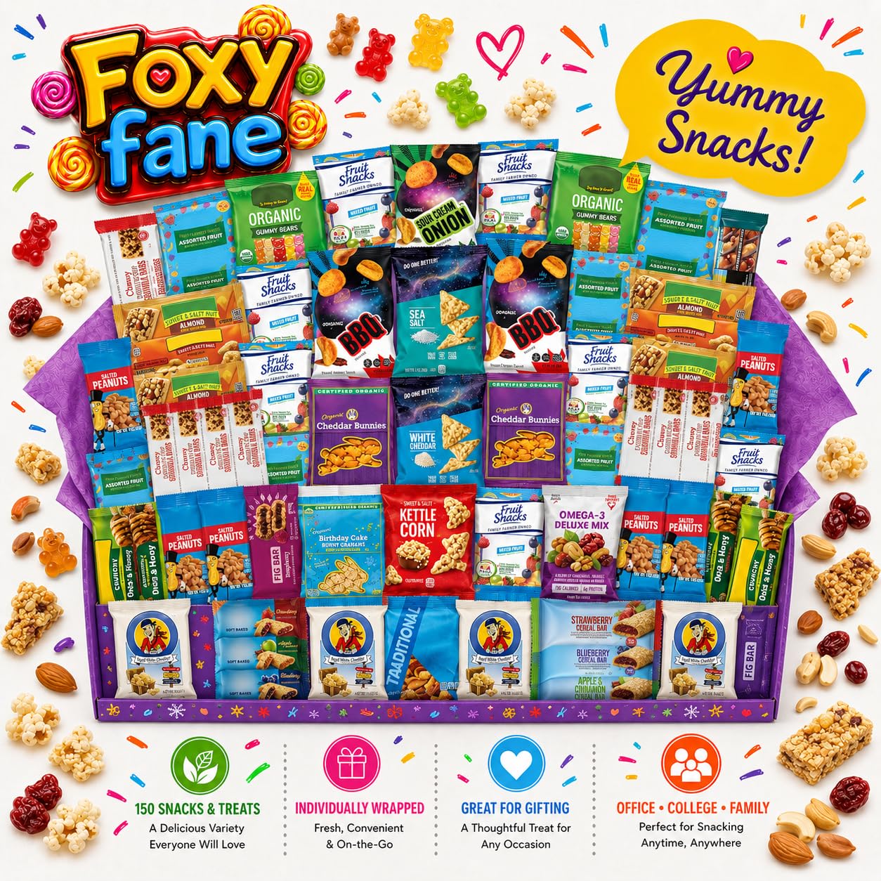 Foxy Fane 150-Count Holiday Gift Box - Variety Pack of 150 Healthy Snacks & Treats