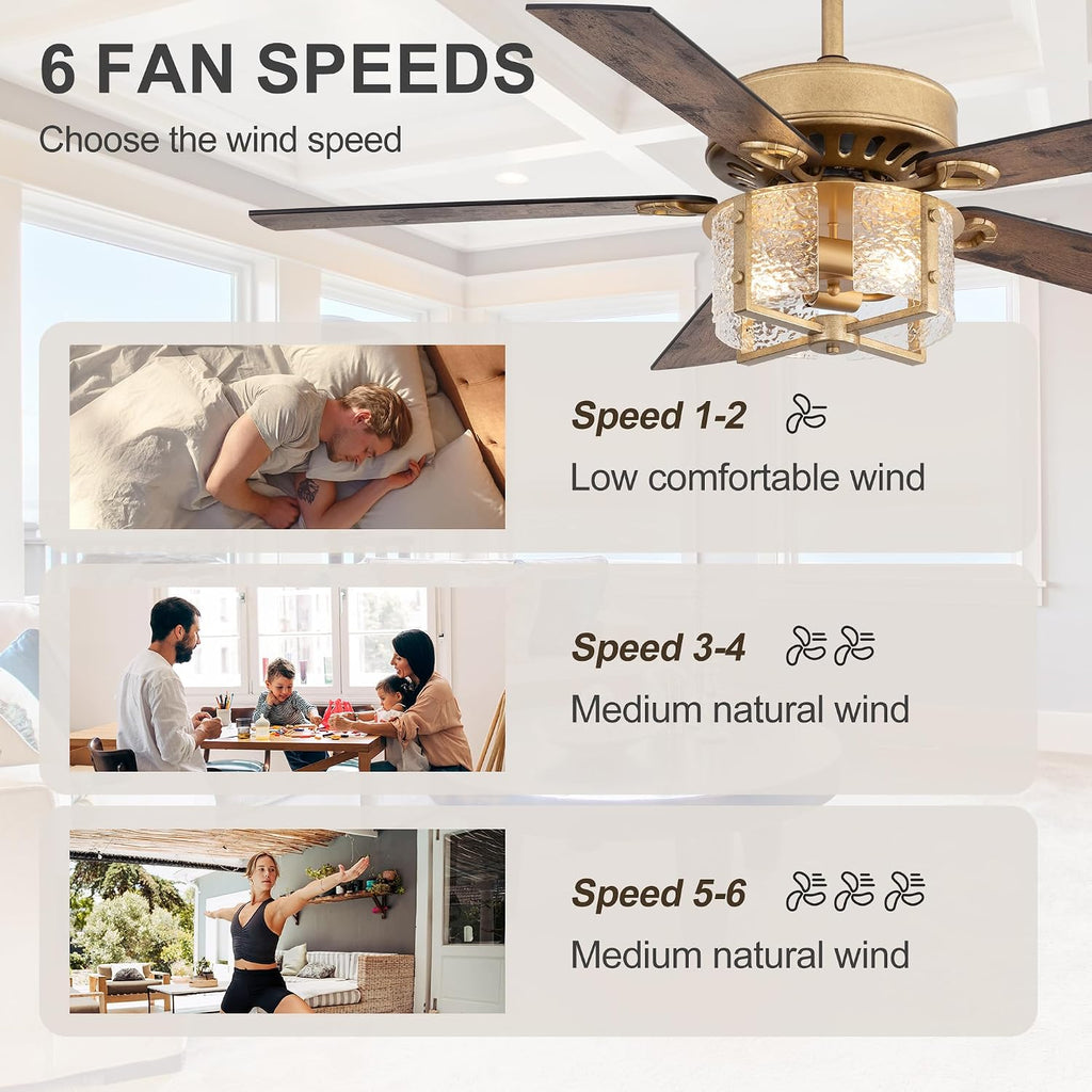 52 Inch Rustic Farmhouse Ceiling Fan with Light Kit & Remote, Ultra Quiet DC Motor, Reversible 5-Blade Design, Antique Light Fixture, Dual Downrod for Low/High Ceilings - Vintage Black Gold