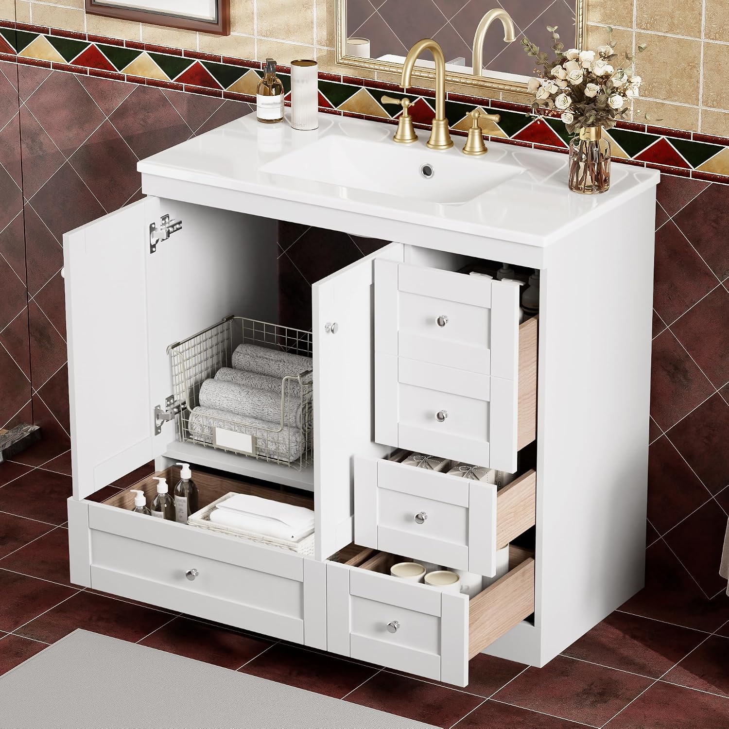 LUMISOL 36'' Bathroom Vanity with Sink, Freestanding Single Vanity with Ceramic Sink, Modern Bathroom Storage Cabinet with Soft Close Doors & Drawers for Guest Bath, Master Suite, Rental, White